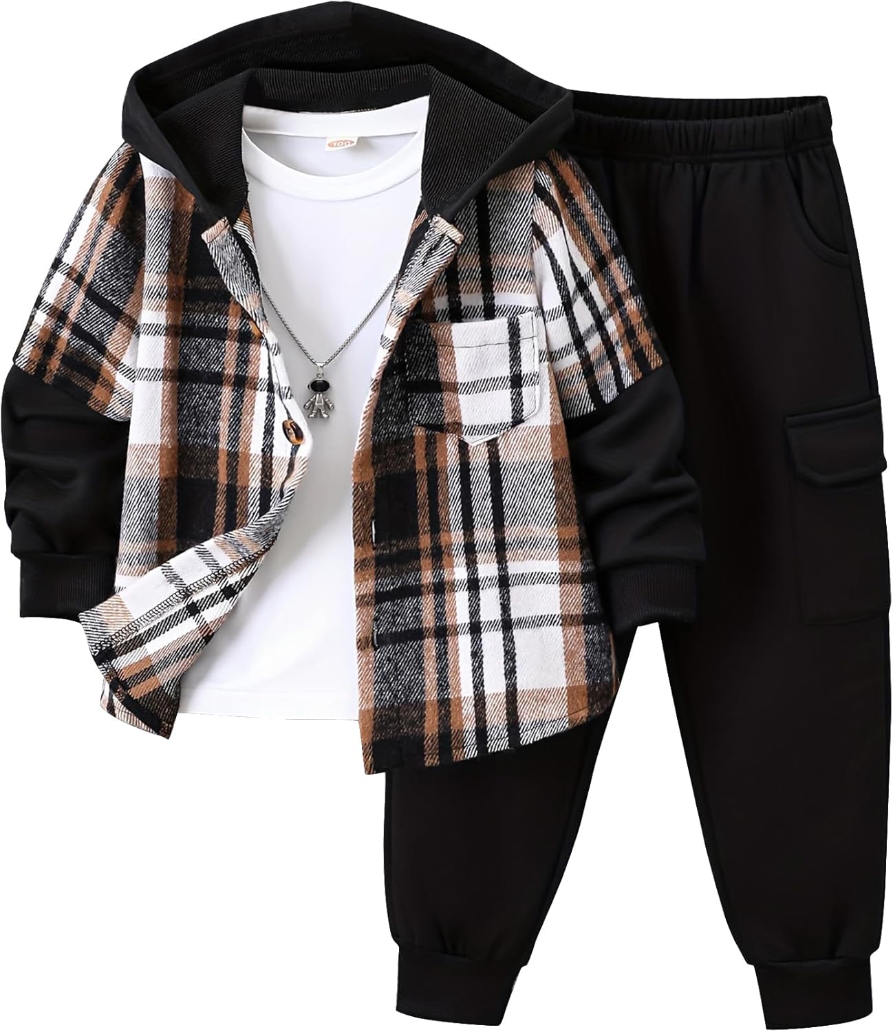 2Pcs Kids Boys Flannel Plaid Shirt Tops Pants Set Hoodie Sweatsuit for Fall Winter Spring Outfits 4-12 Years