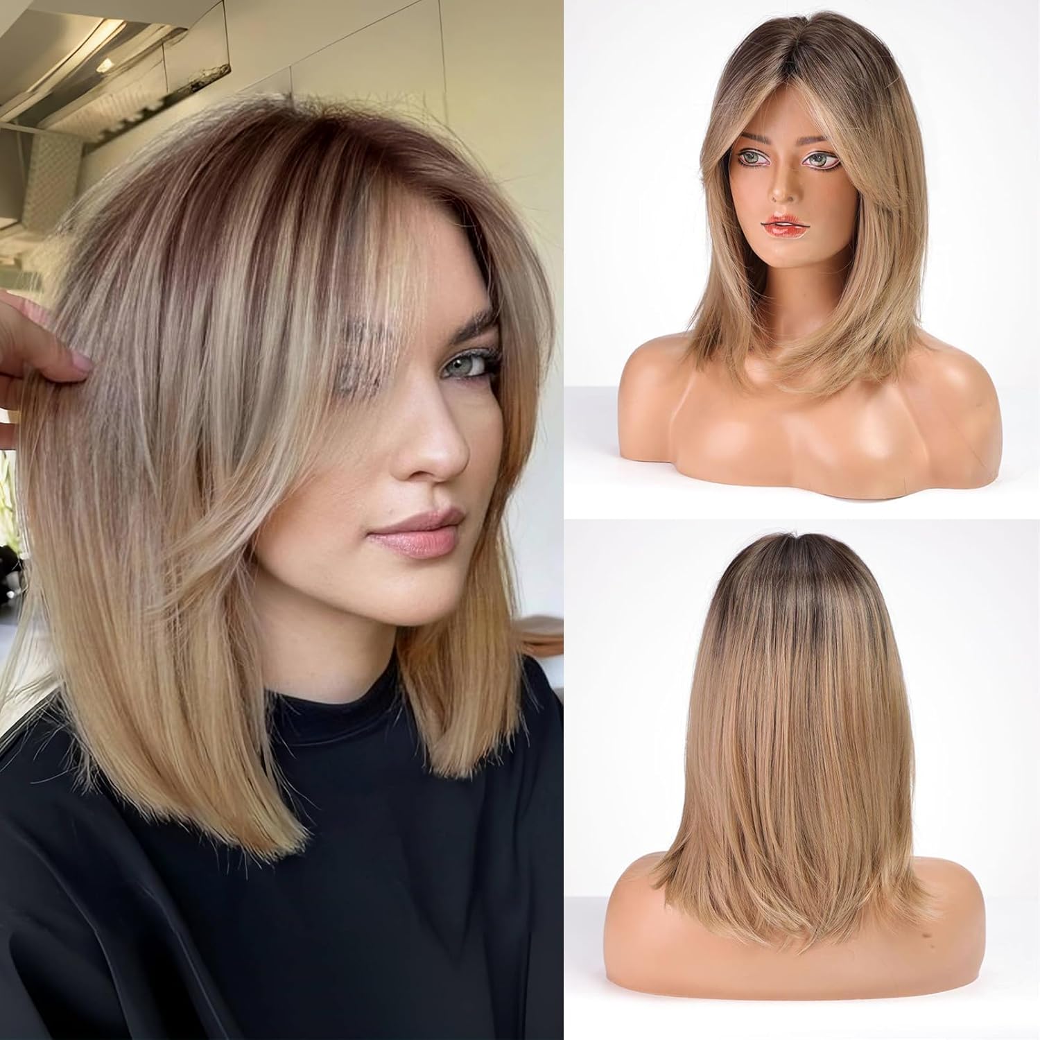 Alanhair Ombre Brown Blonde Wigs for Women Ash Blonde Wig with Curtain Bangs Shoulder Length Natural Synthetic Wig for Daily Use - Image 2