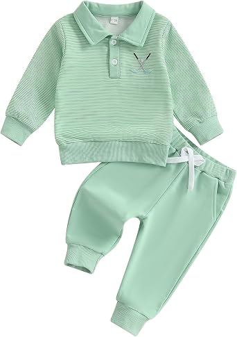 Amnnchya Toddler Boy Girl Golf Outfit Stripes Long Sleeve Sweatshirt Shirt Cute Pants Set Kids Baby Fall Winter Clothes