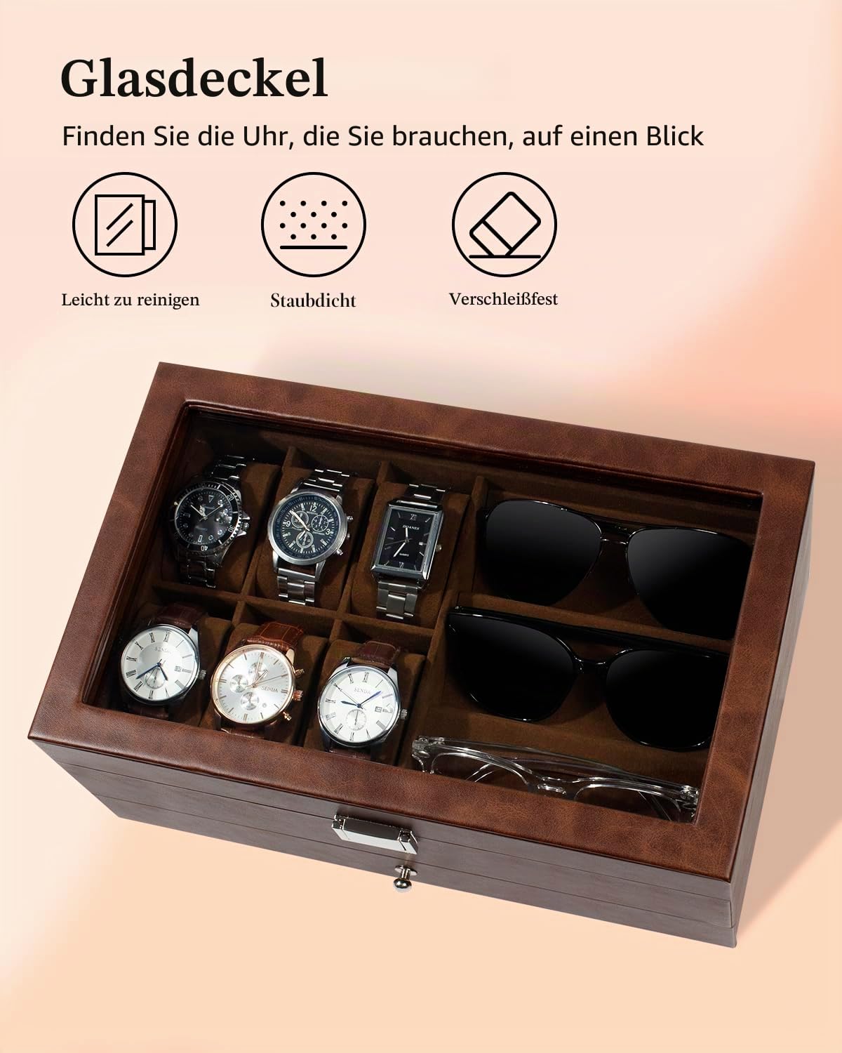 Uhrenbox, 6 Fächer, Uhrenetui, 3 Fächer, Brillen-Organizer, Herren-Schmuckschatulle mit transparentem Glasdeckel, doppellagig mit Schlüsselschloss, Geschenk, Braun