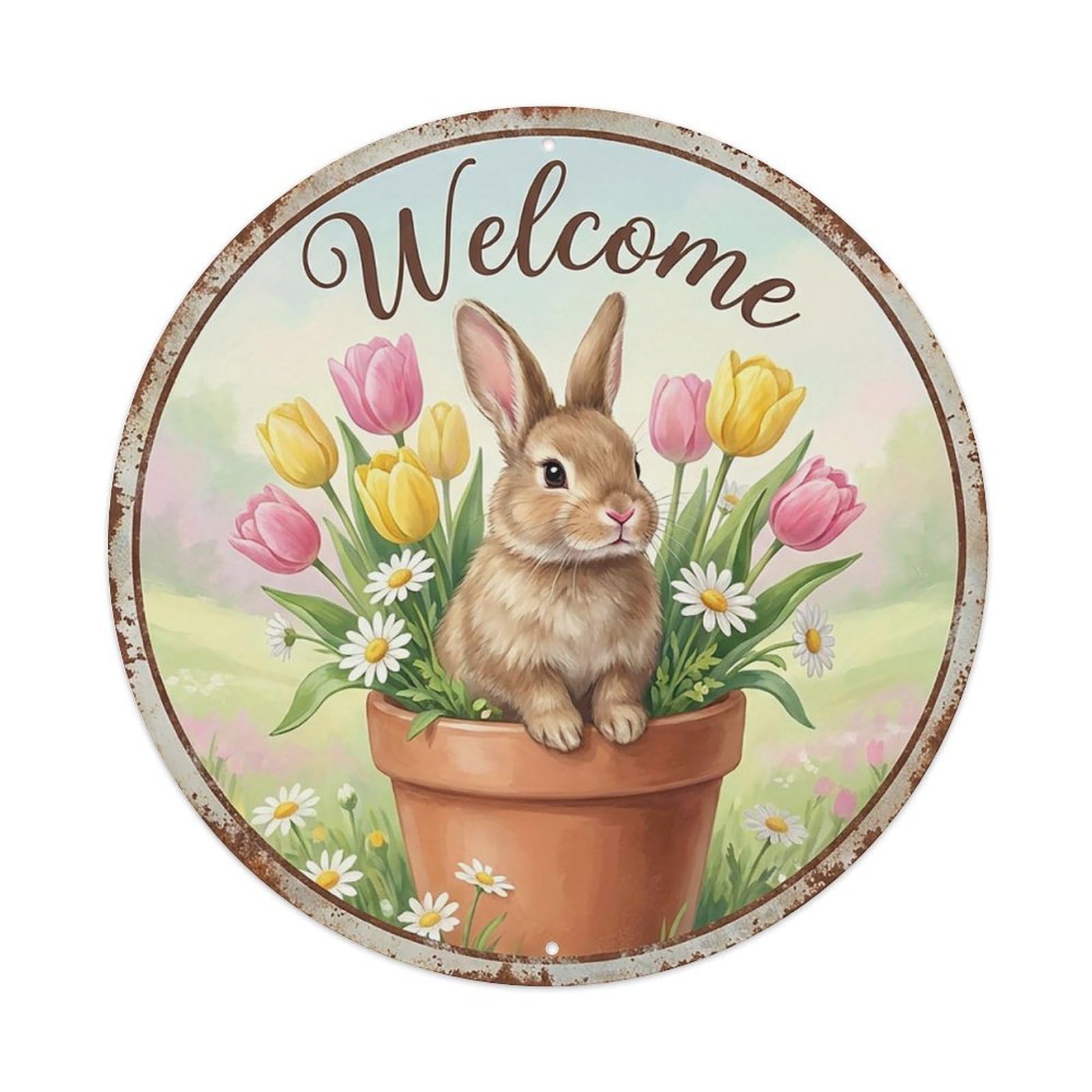 Vintage Welcome Bunny Spring Flowers Vintage Metal Tin Sign Plaque Wall Decor for Cafe, Club Bar, Office, Garden Metal Poster 8x8Inch