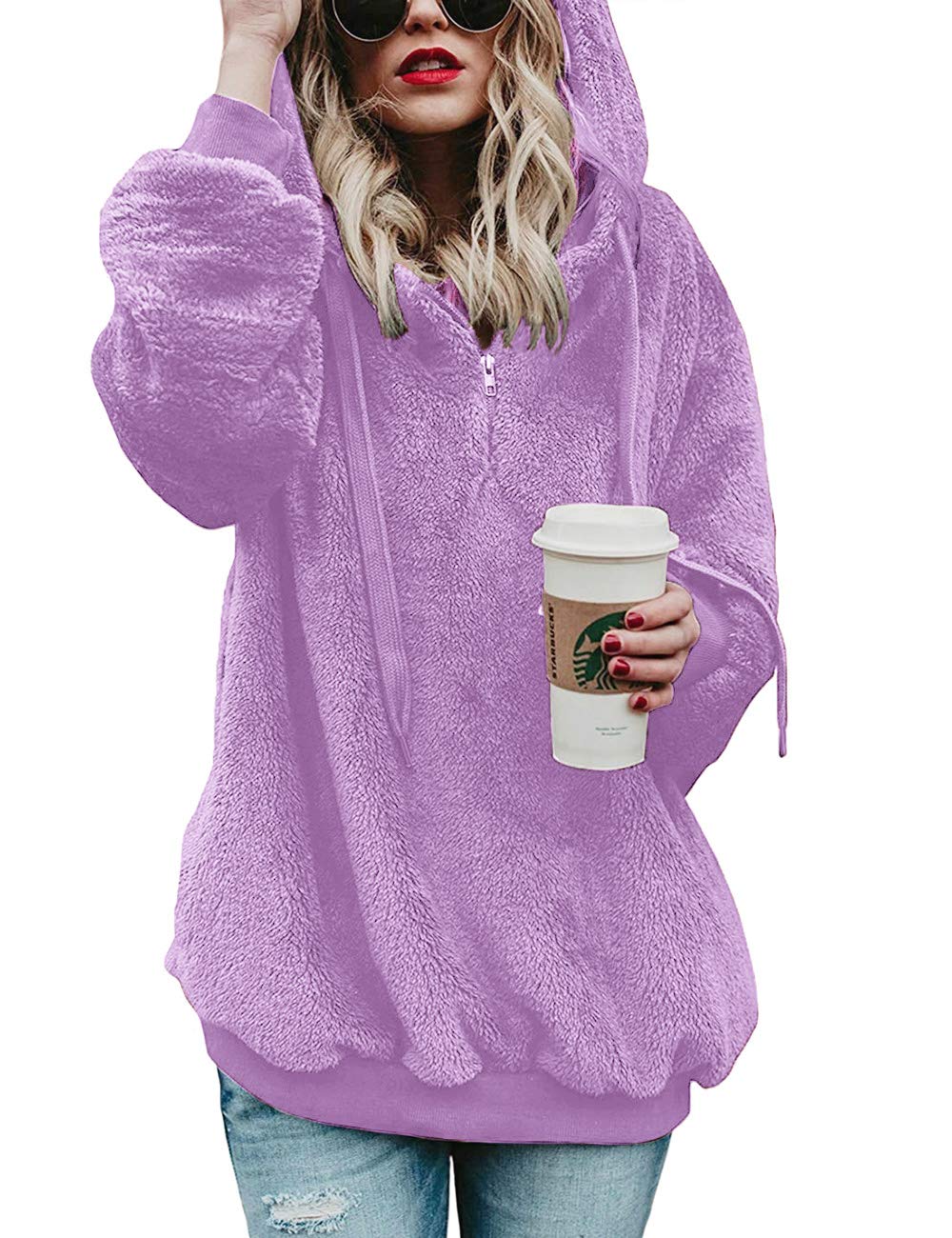 iWooTeddy Fleece Sweatshirts Womens Casual Double Fuzzy Fluffy Hoodie Solid Color Warm Stylish 1/4 Zip Pullover with Pockets