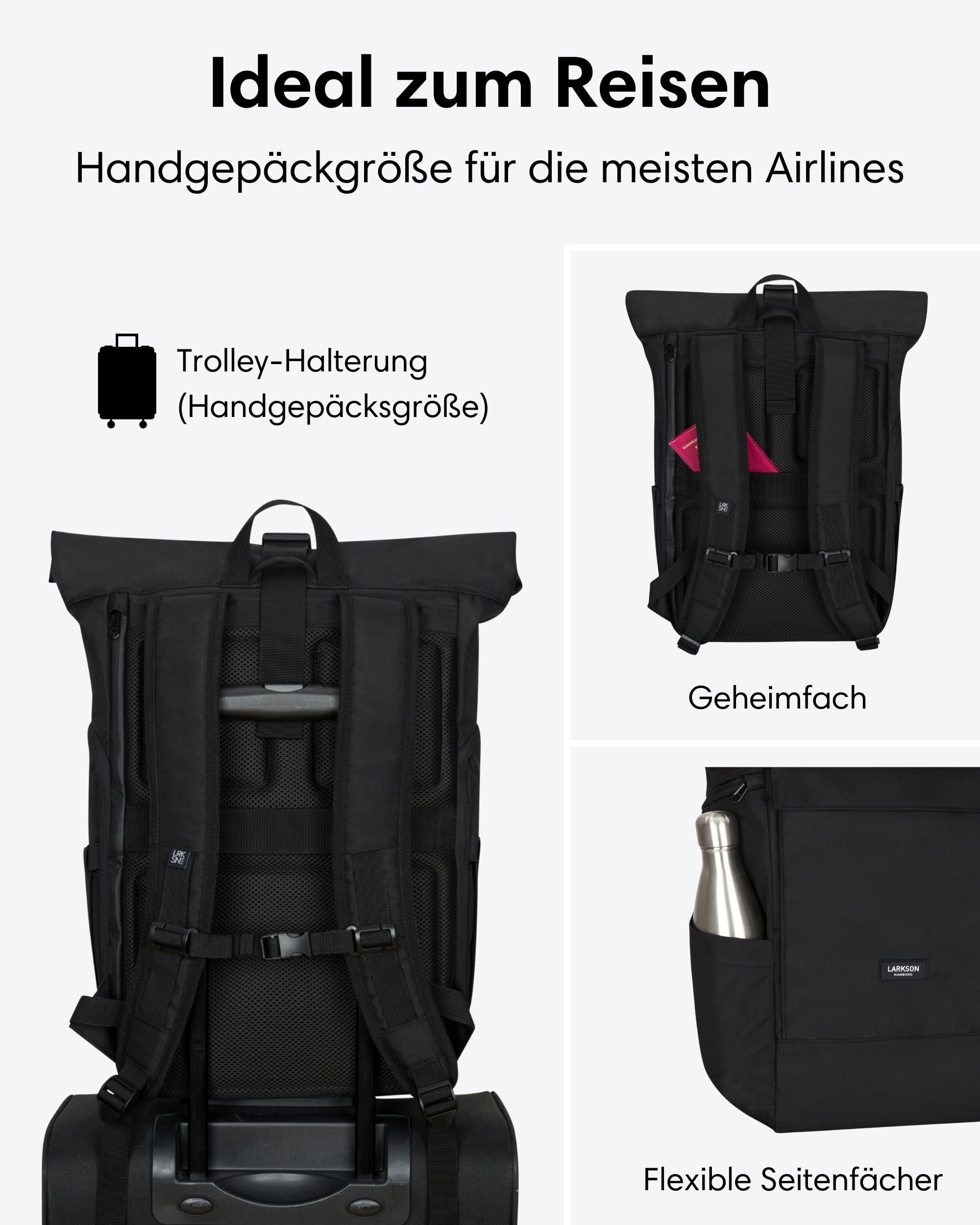 LARKSON Rucksack Damen & Herren Schwarz - No 4 Large - Rolltop Backpack 21 L mit 16 Zoll Laptopfach Uni, Arbeit & Fahrrad - Großer Reiserucksack mit Trolley Strap