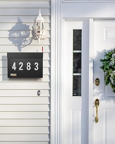 Miniatura 46 de LAND·VOI Buzón de pared con un kit de bandera y tres juegos de calcomanías de números de buzón de 0 a 9, buzones para exterior, buzón de metal Negro