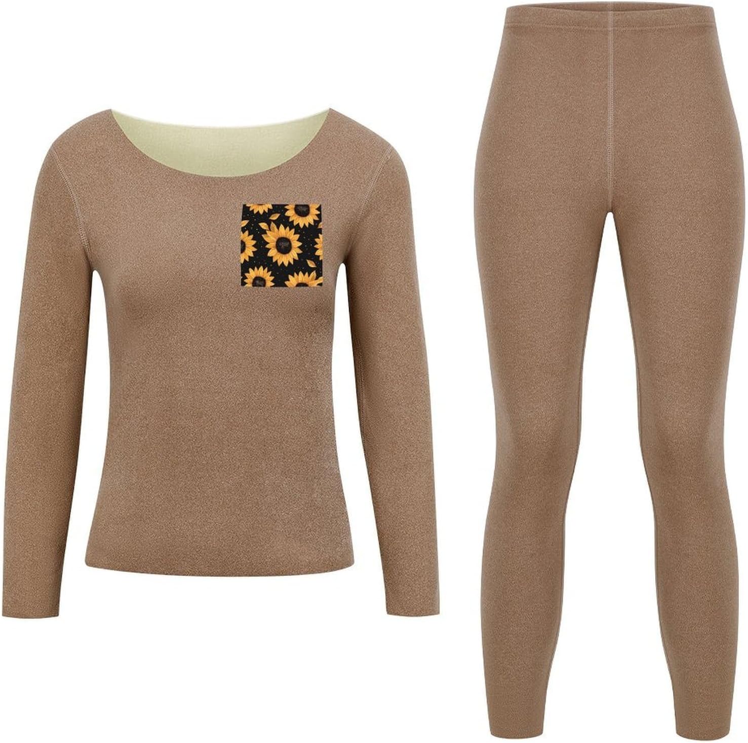 Women's Fleece Lined Thermal Set - Cold Weather Long Johns Ultra-Soft Leaves And Sunflowers Printed Base Layer