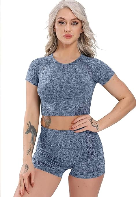 Amazon Co Jp 完璧な 女性のフィットネスパンツトップコルトtシャツふざけダドナcamicieマニシェコルテマニカルンガヨガ 快適 Color A Blu Size S 本