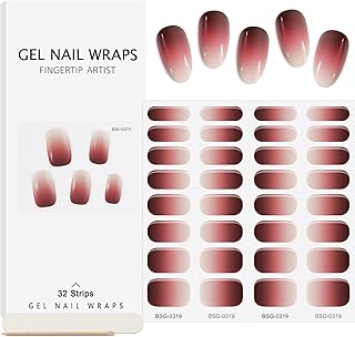 EBANKU Real Nail Polish Strips - 32PCS Cured Gel Nail Art Stickers, Long-Lasting Waterproof Gel Nail Polish Wraps, UV/LED Lamp Required (Gradient Wine)