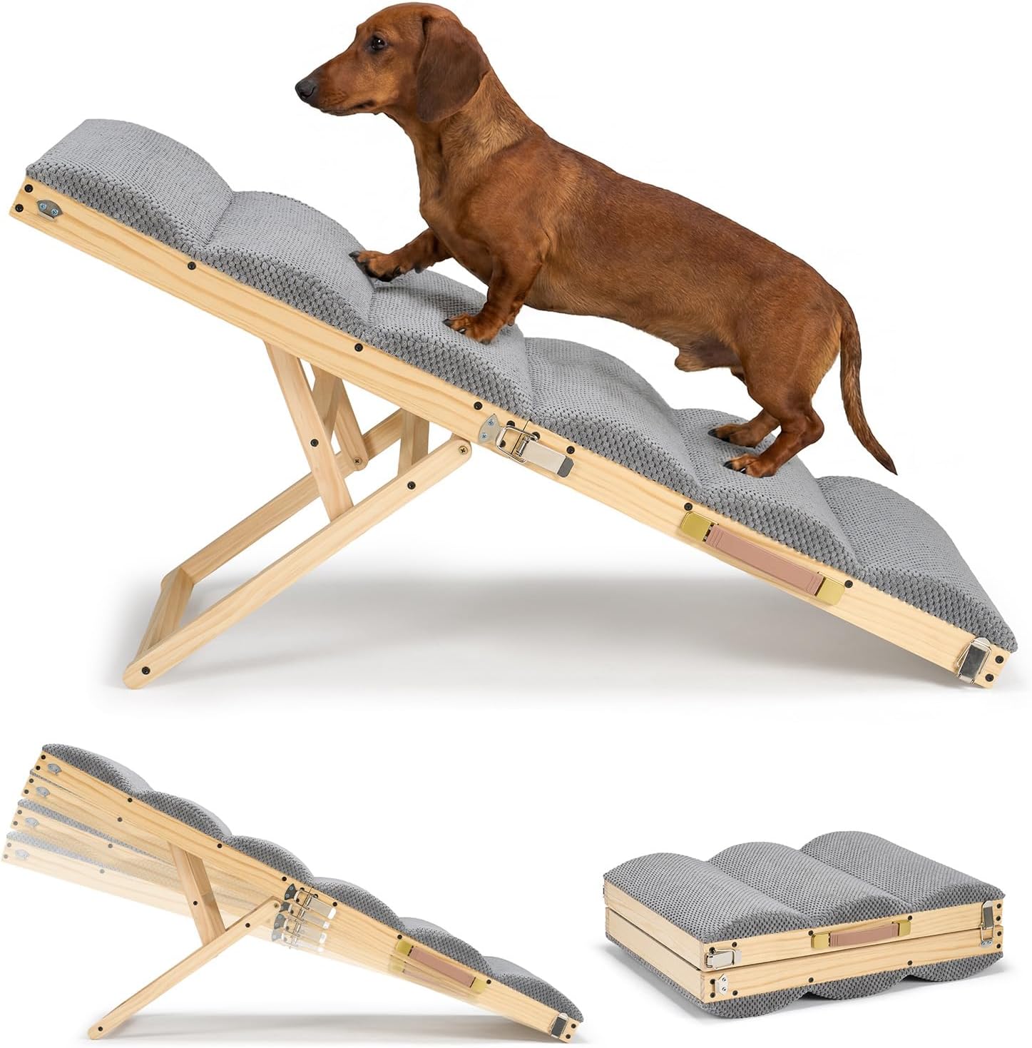 Veehoo Dog Ramp for Bed Couch for Small to Large Dogs, Folding Ramp for Dogs to Get on Bed 4 Adjustable Height from 14.6" to 24", Wooden Pet Cat Stairs Doggie Steps with Foam Padding, Up to 130lbs