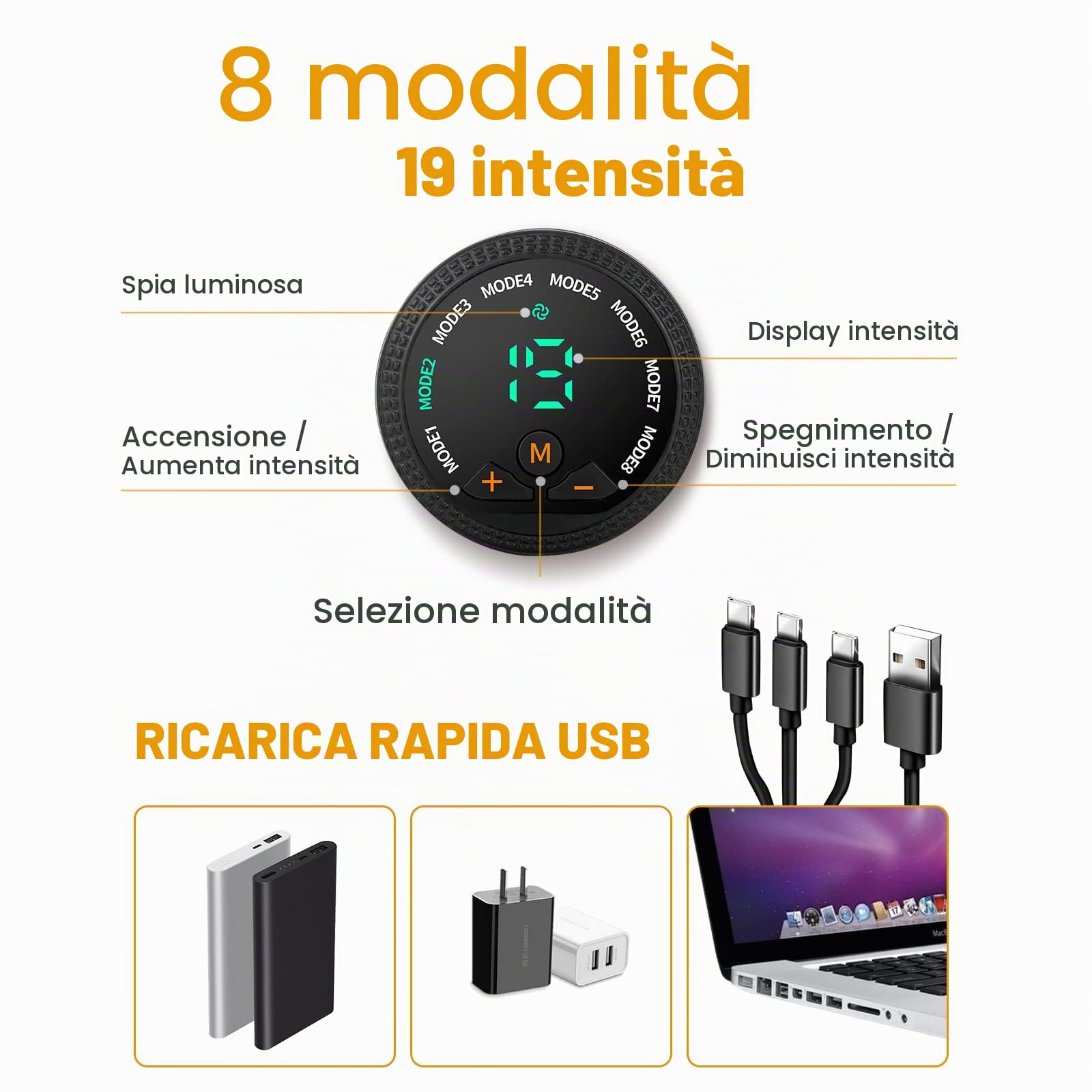 Elettrostimolatore per Addominali, Elettrostimolatore Muscolare， Cintura Addominale Elettrostimolatore, USB Ricaricabile EMS Trainer per Uomini Donne Addome/ Braccia/ Gambe, 8 modalità e 19 intensità