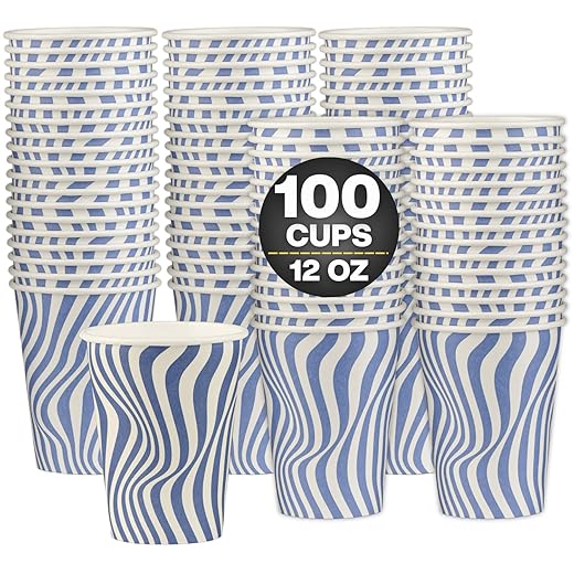 Smygoods Disposable Coffee Cups, To Go Paper Hot Cups, Blue Wave Design (12 OZ, 100 Count) For Hot Beverages, Coffee, Tea, Espresso, Cocoa - Vasos Para Cafe