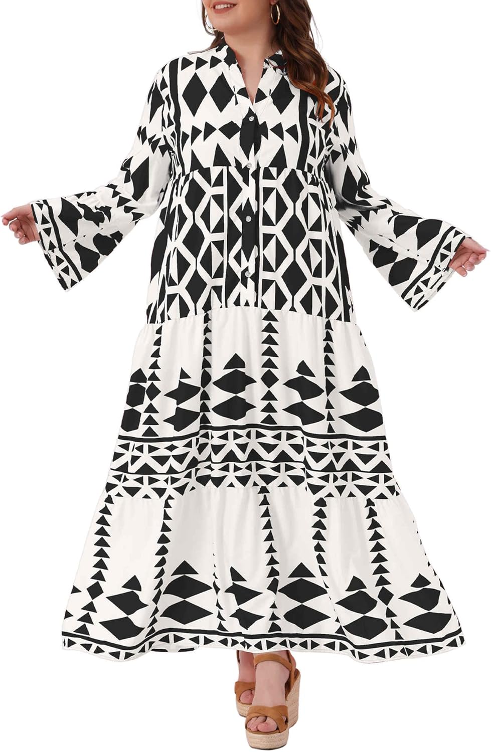 Agnes Orinda Plus Size Womens Button Long Flared Bell Sleeve Tiered Maxi Dress Flowy A Line Pattern Dress Casual Fall