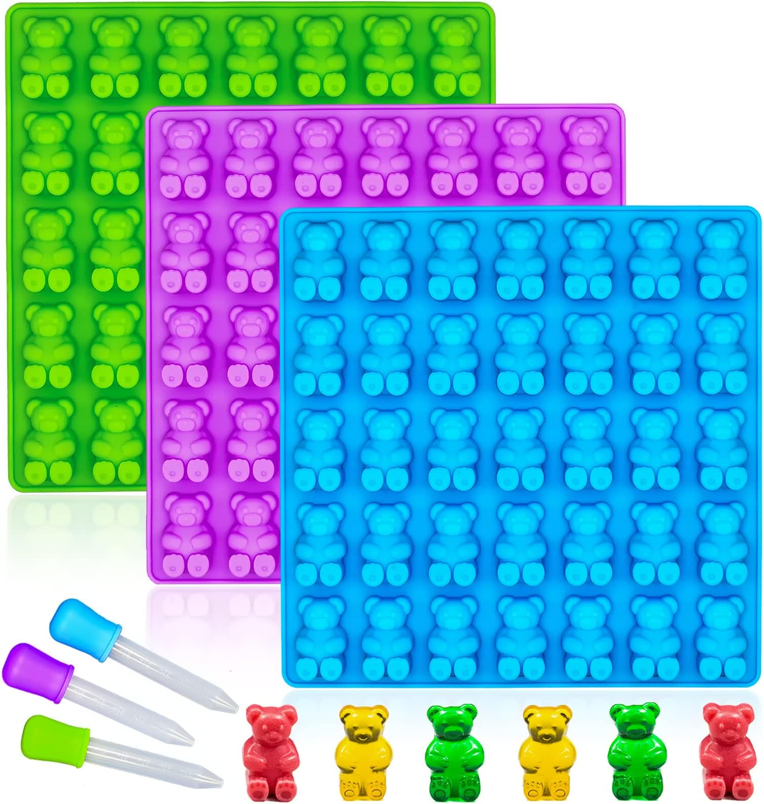 WARM TIME Large Gummy Bear Mold 4 ML, Non-Stick Silicone Candy Chocolate Molds Ice Cube Moulds BPA-Free with 3 Droppers, Set of 3