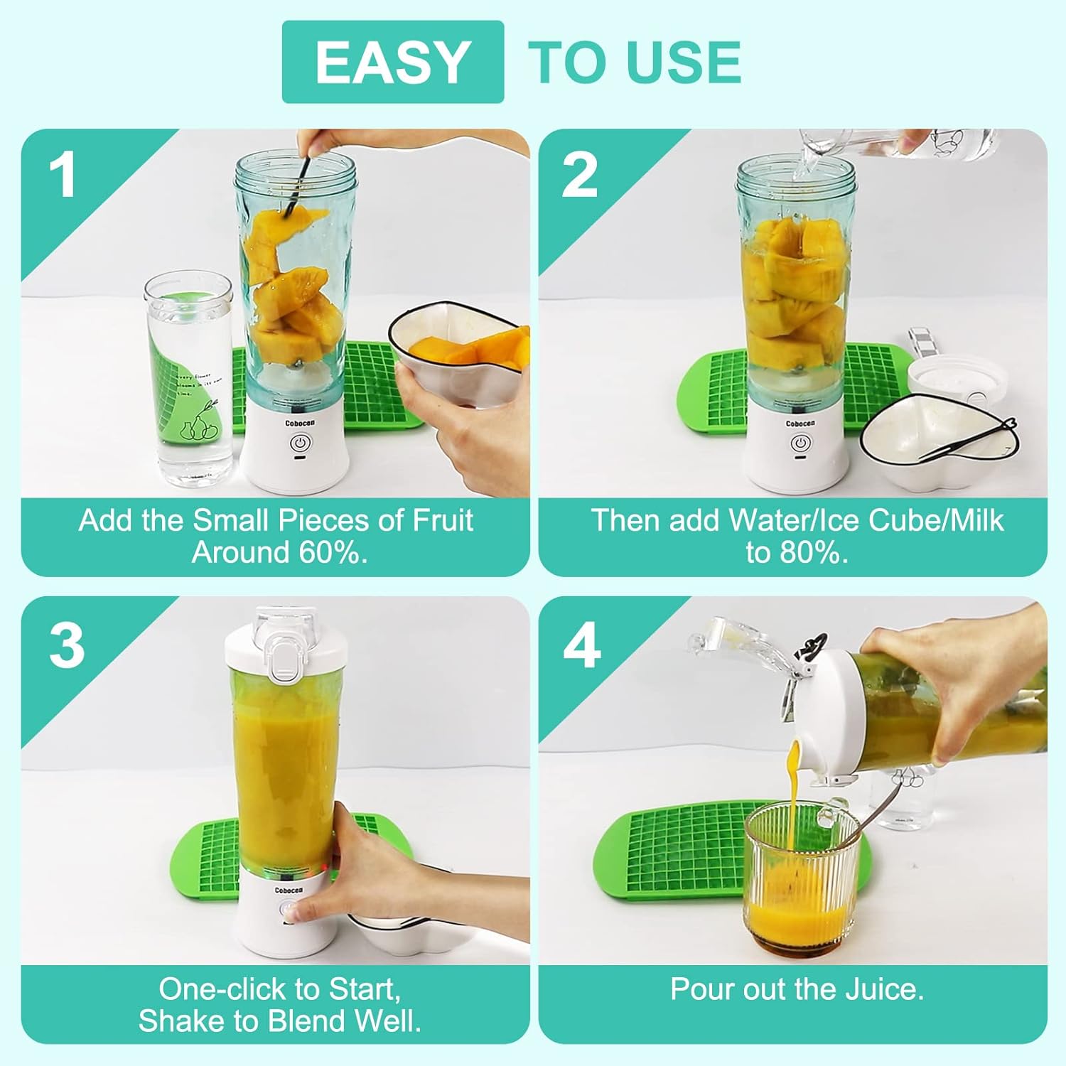 Illustration showing how to convert the blender cup into a portable bottle by replacing the base with a travel lid.