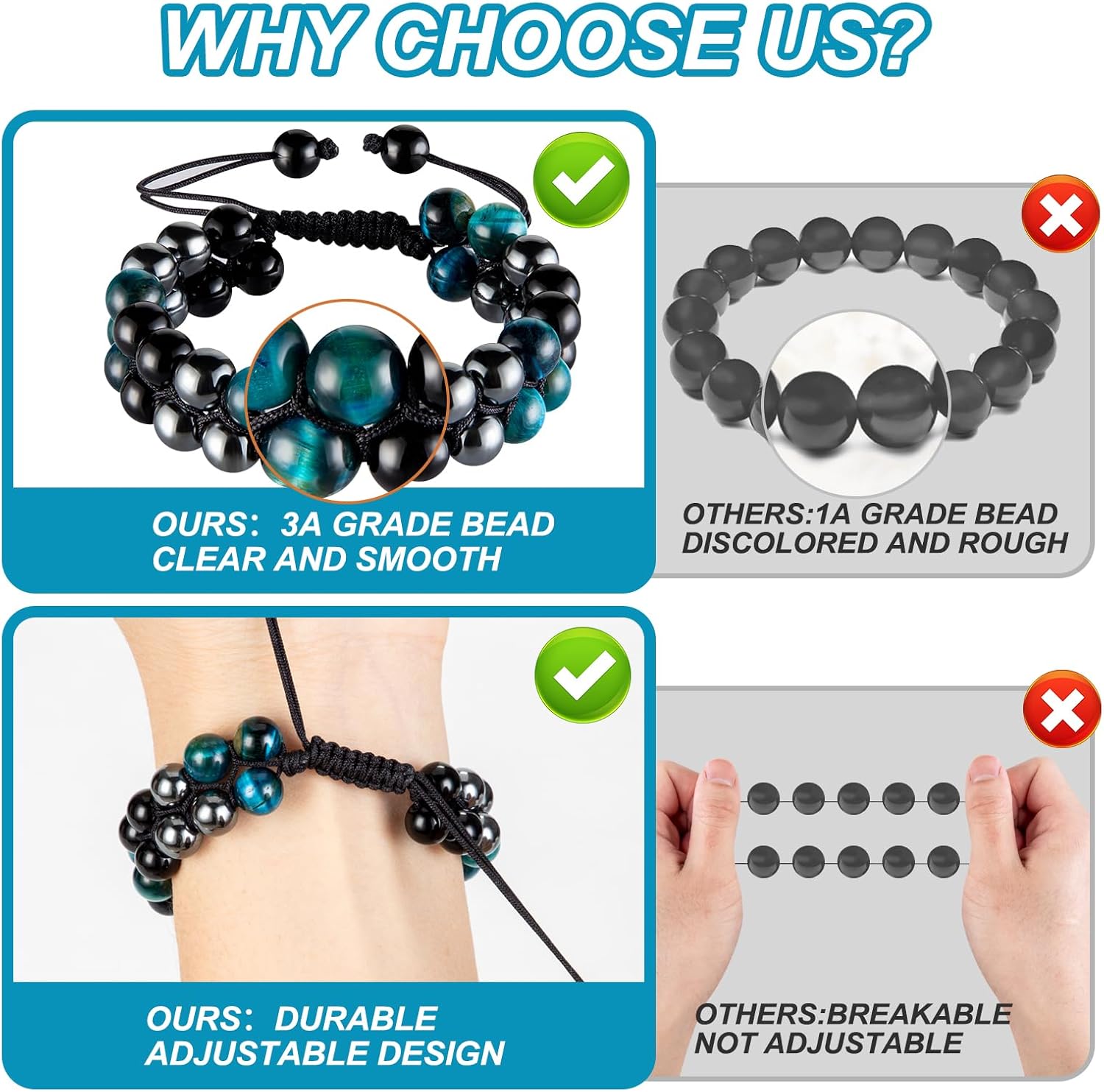 Tiger Eye Bracelet, MIDON Triple Protection Bracelet for Men Women, Handmade Tiger Eye Beads Hematite and Black Obsidian Natural Stone Healing Energy Crystal Bracelets - Image 4