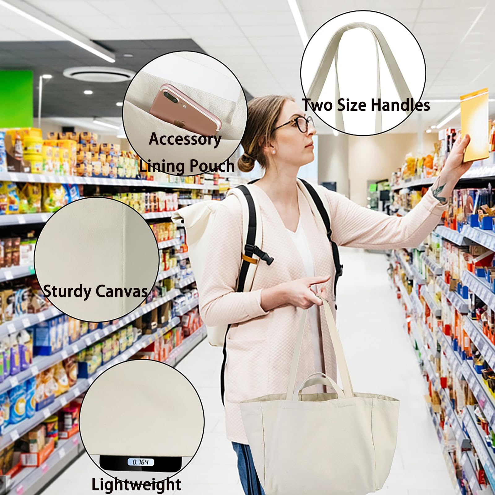 Bolsas reutilizables de lona con correa larga para el hombro y asa corta, plegable, resistente