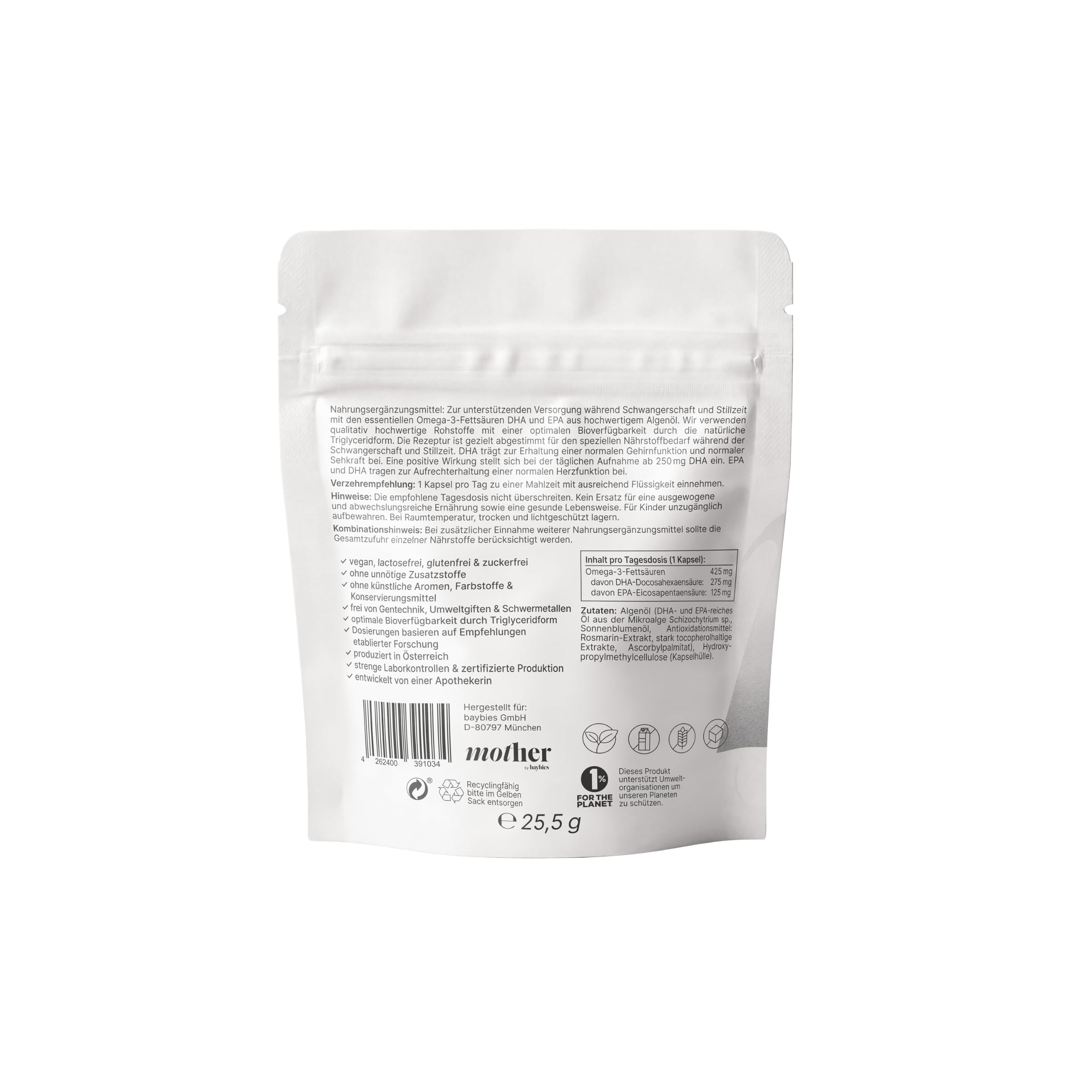 mother+ Omega-3 vegan Mono – Hochwertiges Omega-3 aus Algenöl/Mit DHA & EPA für Schwangerschaft, Stillzeit & Mama-Gesundheit / 100% vegan & nachhaltig