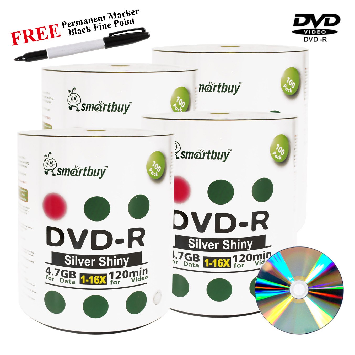 Smartbuy 400-Disc DVD-R Spindle – 4.7GB 16x Blank Shiny Silver Media, 120 Min, Includes Black Permanent Marker
