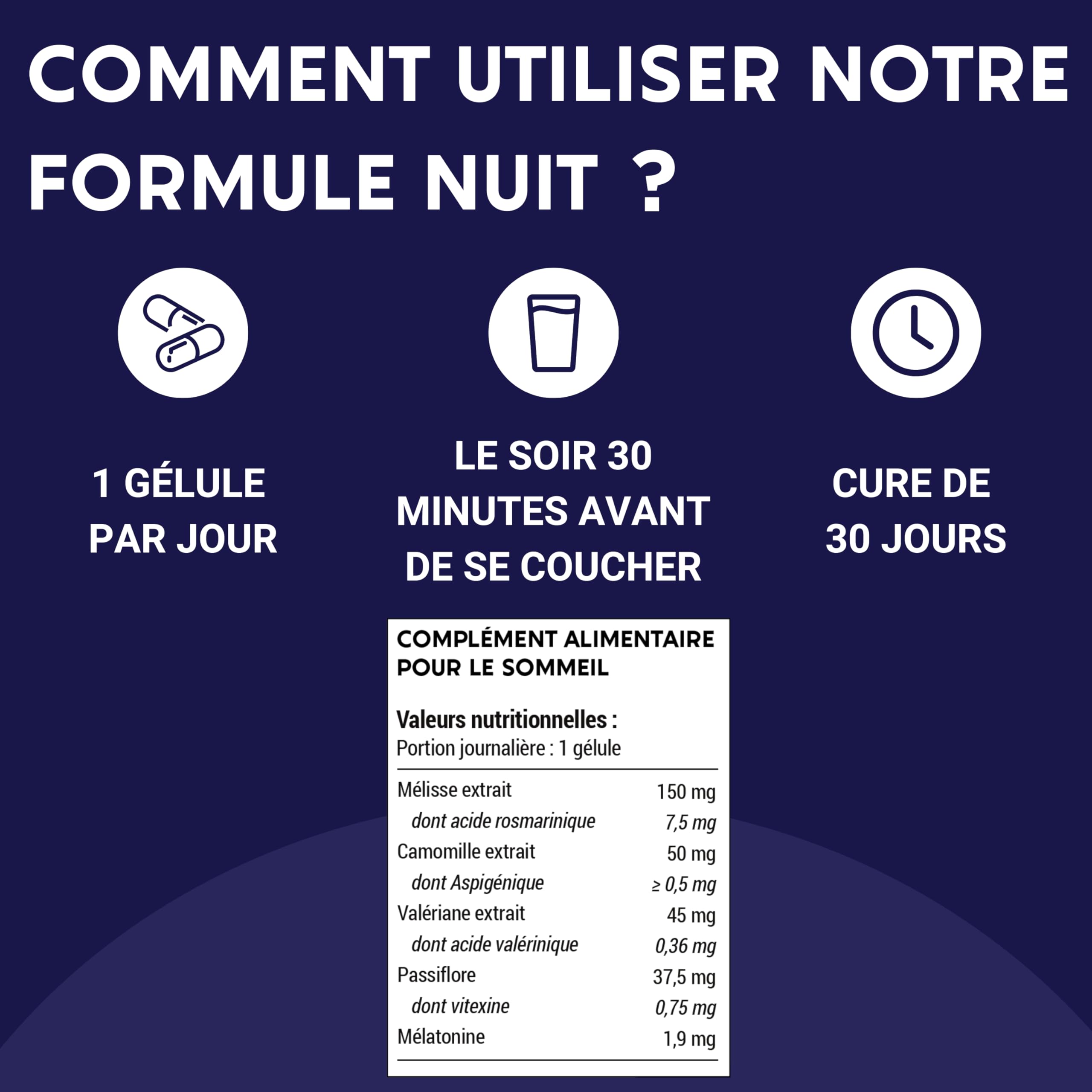 FORMULE NUIT | Mélatonine 1,9 mg + Plantes : Valériane, Mélisse, Camomille, Passiflore | Complément Alimentaire pour Dormir 100% Naturel | 60 nuits de Sommeil Naturel | Fabriqué en France