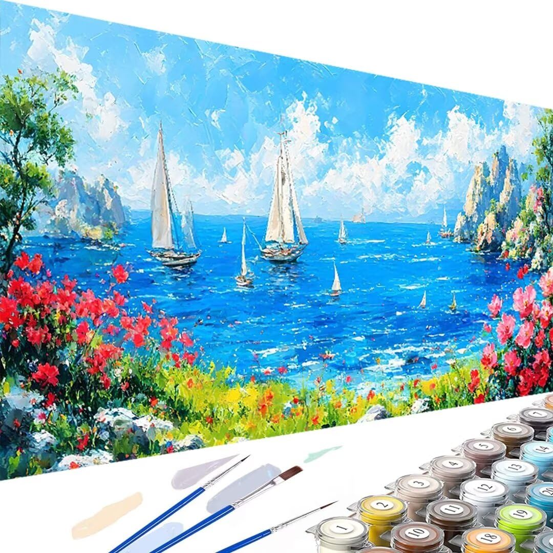 Wanziho Malen Nach Zahlen Erwachsene Meer Paint by Numbers, DIY Malen Nach Zahlen Blume, mit Pinseln und Acrylfarben Handgemalt Ölgemälde Leinwand für Home Decorr, Ohne Rahmen 60x120cm P-n