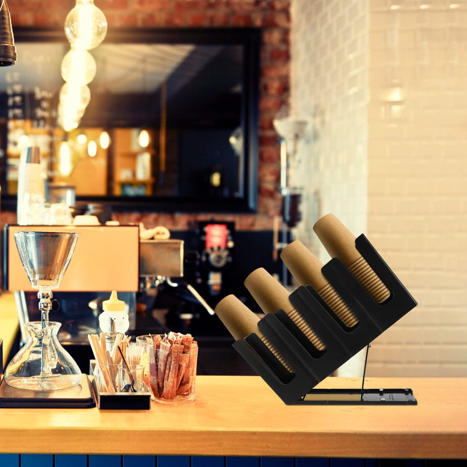 DOITOOL Beverage Cup and Lid Holder for Countertop 4 Compartments, Adjustable Angle Coffee Cup and Lid Storage Organizer Holder for Coffee Milk Tea Shop Restaurant Bar