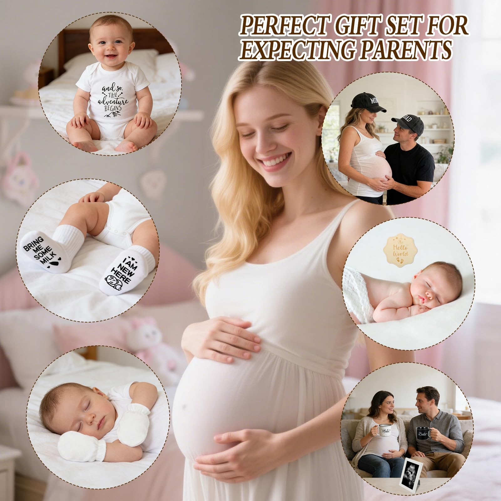 12 Pcs New Mom Gifts, New Parents Gifts for Couples, Gender Reveal, Expecting Parents to Be Baby Shower, Bear Mug, Decision Coin, Baby Socks, Bodysuit Set