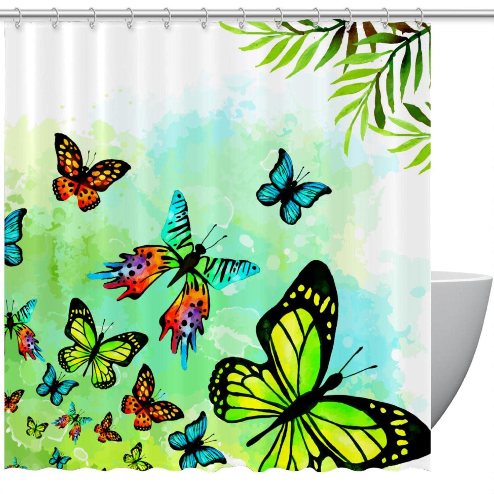 Rideau de douche vert avec crochets motif papillons anti-moisissure pour baignoire