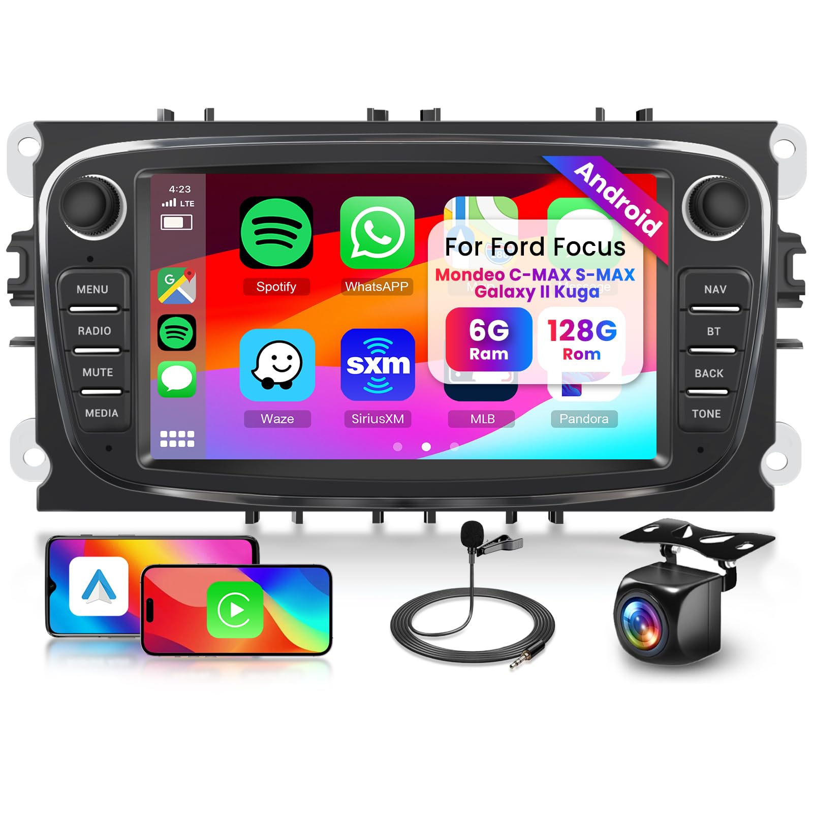 6G+128G 8-Core Autoradio per Ford Focus II mk2 Mondeo S-Max C-Max Galaxy Android Autoradio Bluetooth GPS, Hodozzy 7 Pollici Touchscreen Radio con CarPlay Wireless Android Auto, WiFi DSP FM RDS Camera