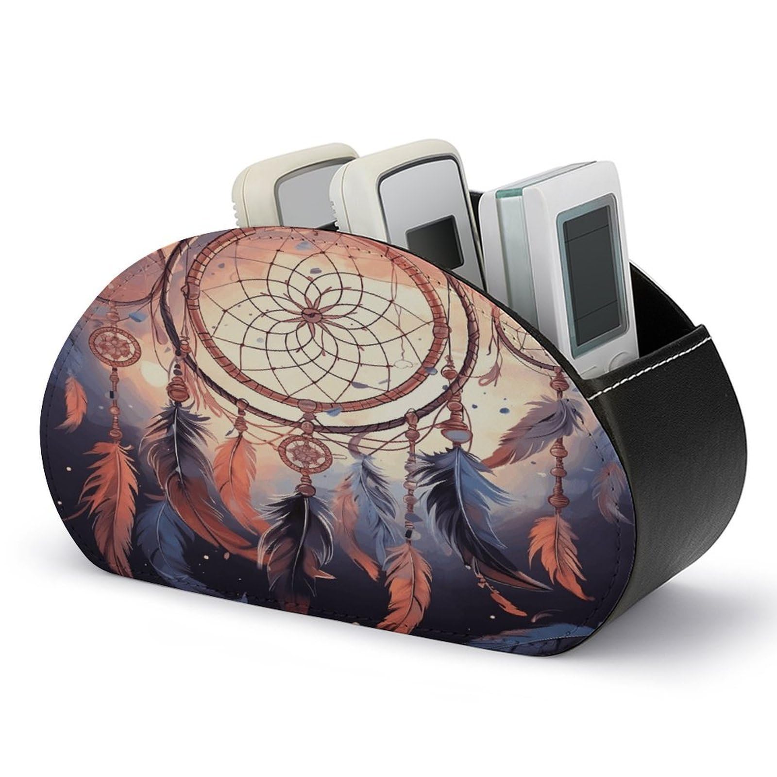 VstaDank Native American Dream Catcher Remote Control Holder Farmhouse TV Media Remote Storage Box with 5 Compartments PU Leather Remote Caddy Desktop Organizer for Home Bedside Table Organizer
