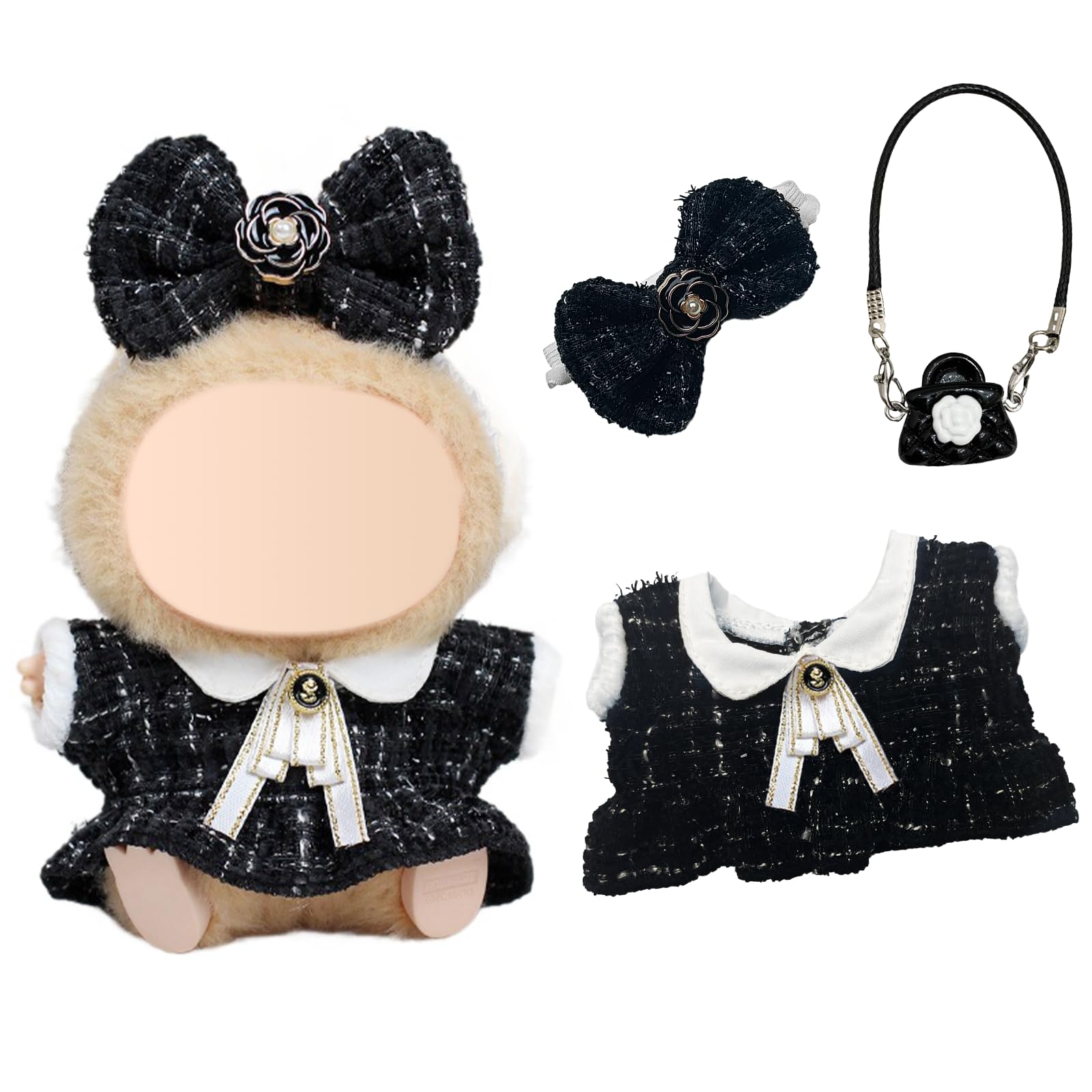 3 Pcs 17cm Clothes Compatible with Labu 17cm Doll, Black Doll Accessories with Dress Bag Ribbon Hair Clip Boy and Girl for Best Gifts No Doll