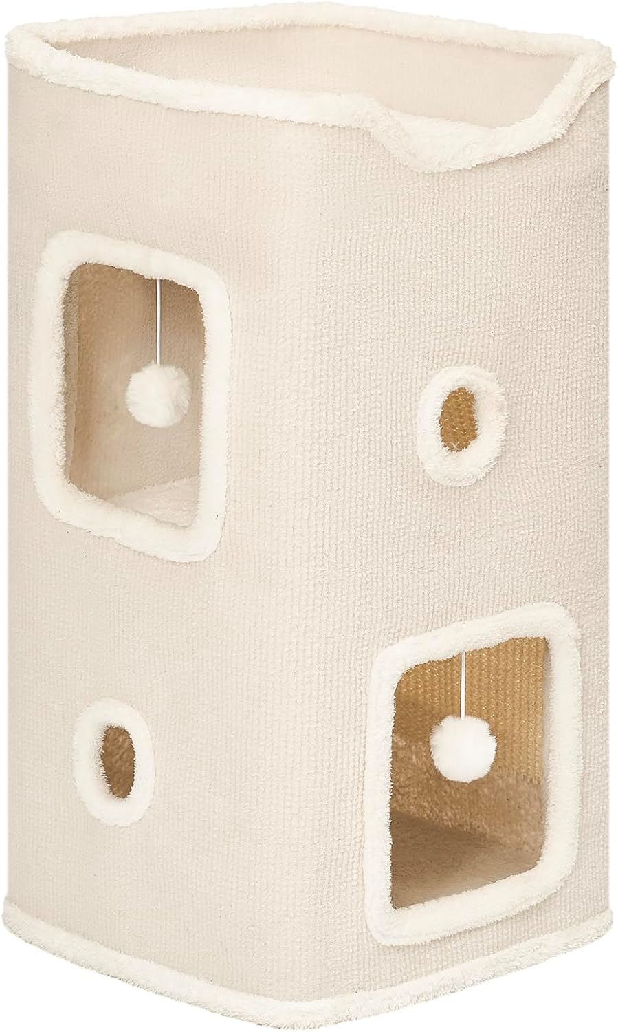 Cat Beds for Indoor Cats, Cat House 2-Story, Cat Condo with Stable Frame and Large Scratch Pad, 24'' Durable Cat Cube Playhouse with Dangling Balls, Perfect for Multiple Pets White 2-Tier Regular