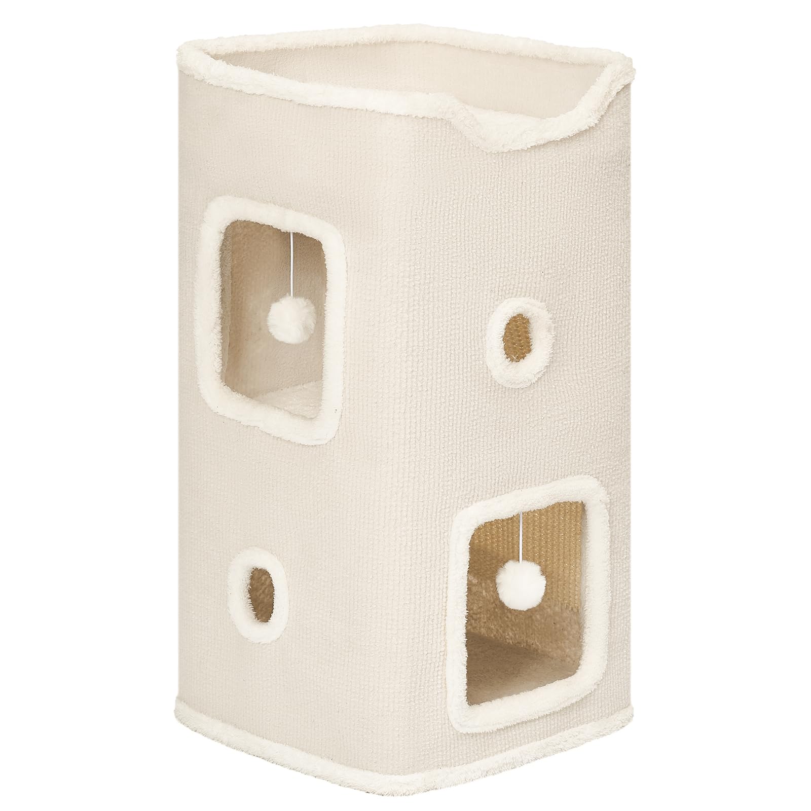 Cat Beds for Indoor Cats, Cat House 2-Story, Cat Condo with Stable Frame and Large Scratch Pad, 24'' Durable Cat Cube Playhouse with Dangling Balls, Perfect for Multiple Pets White 2-Tier Regular