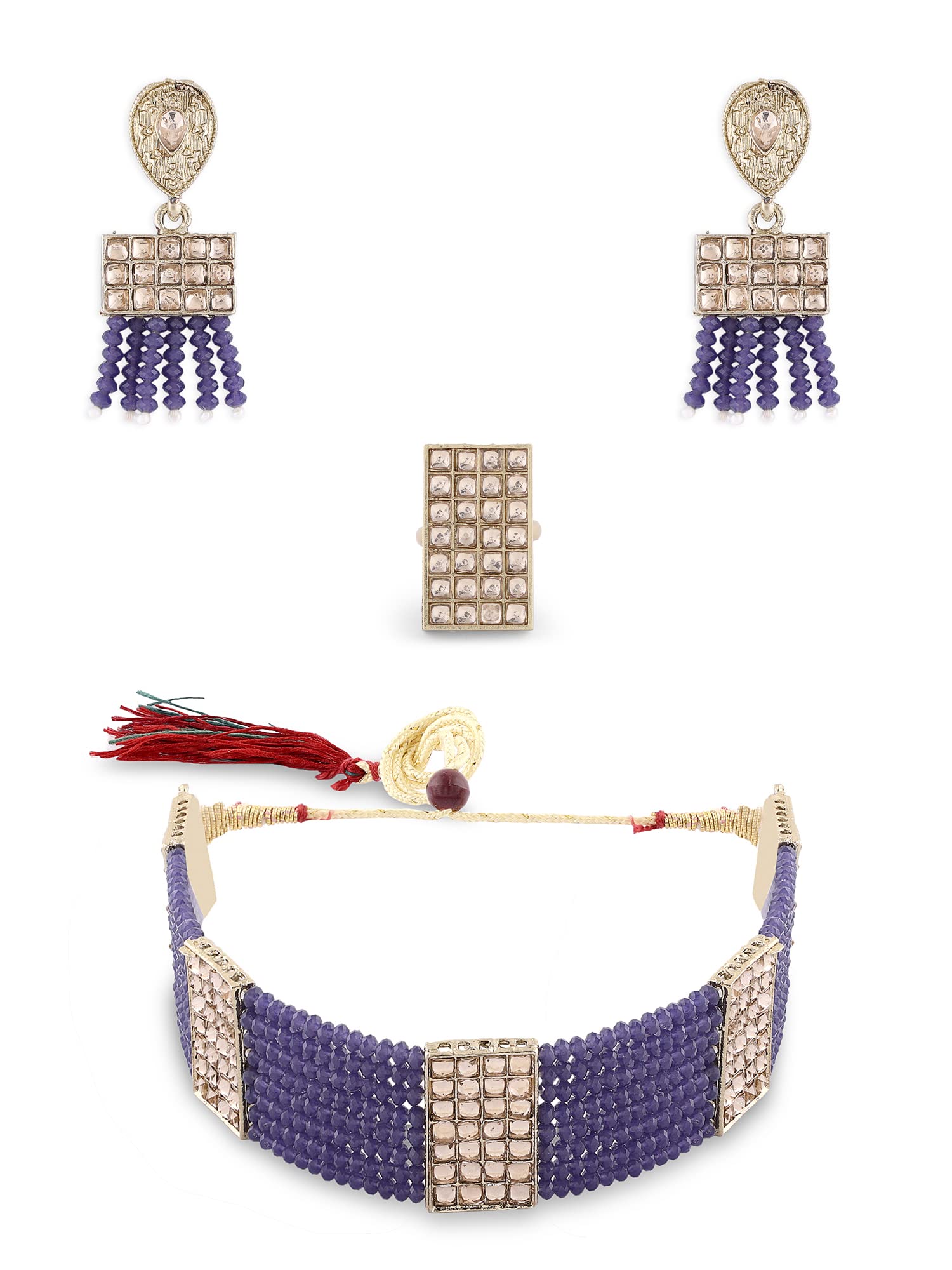 ZAVERI PEARLS Navy Blue Crystal Beaded Dazzling Stones Choker Necklace Earring & Ring Set For Women-ZPFK15616 (B0BTVQGD6W) Amazon Price History, Amazon Price Tracker