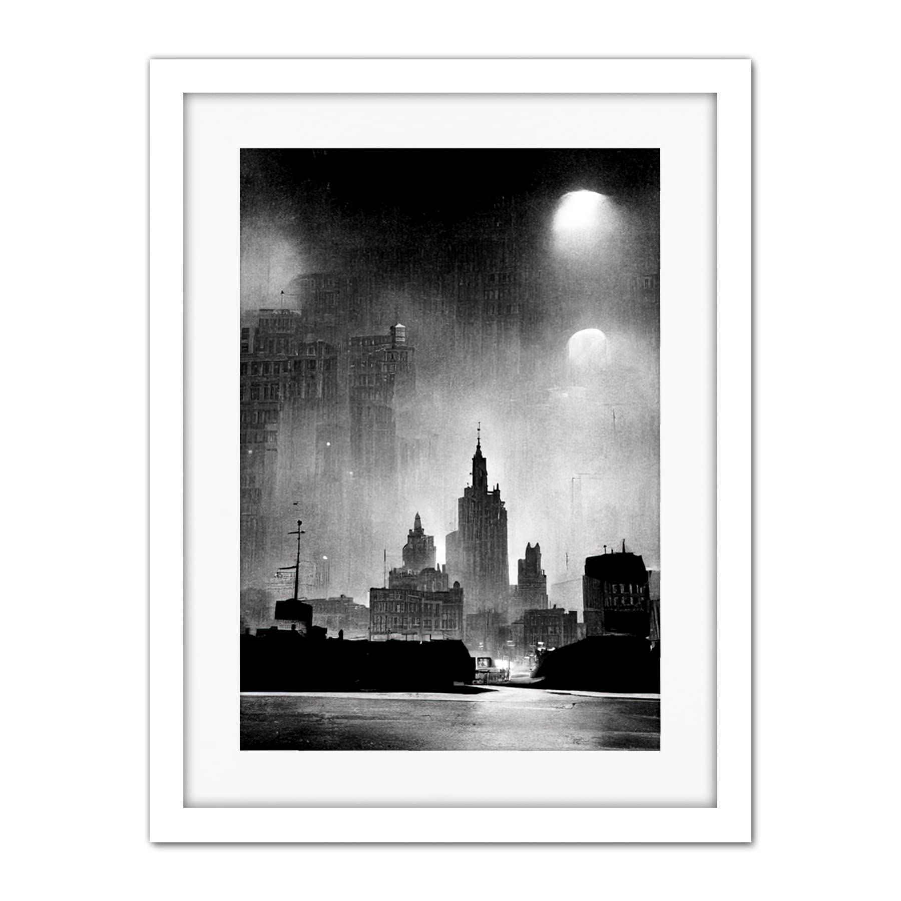 Doppelganger33 LTD 1950s Black And White New York Rainy Mist Cityscape Artwork Framed Wall Art Print 18X24 Inch