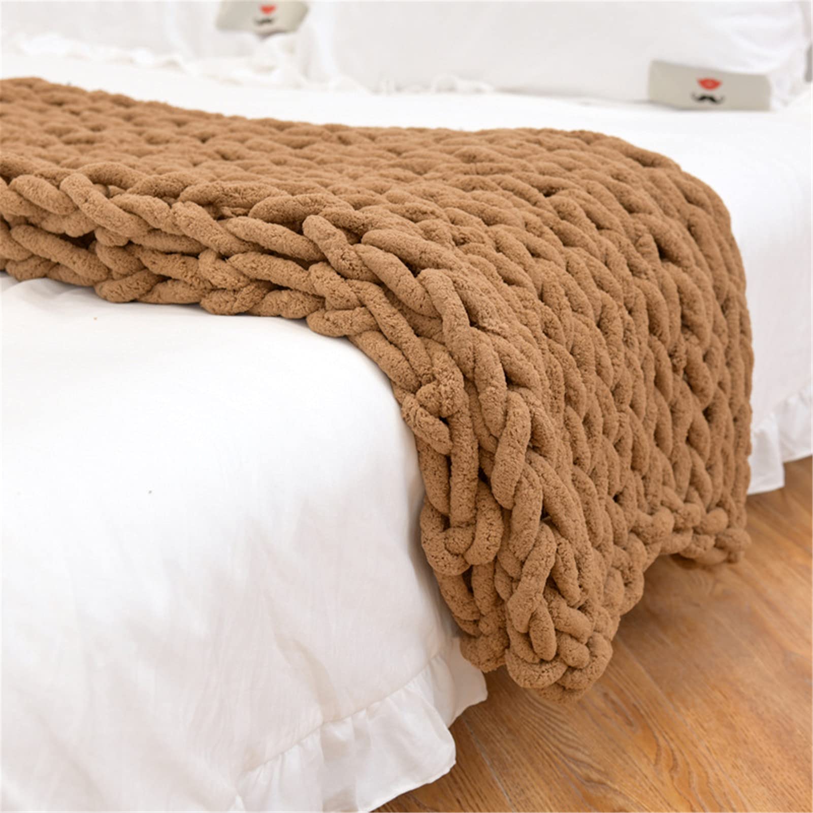 Manta acogedora de punto grueso, manta de felpilla suave tejida a mano para cama, sofá, silla y oficina, decoración del hogar, lavable a máquina, 70 x 80 pulgadas (camello)