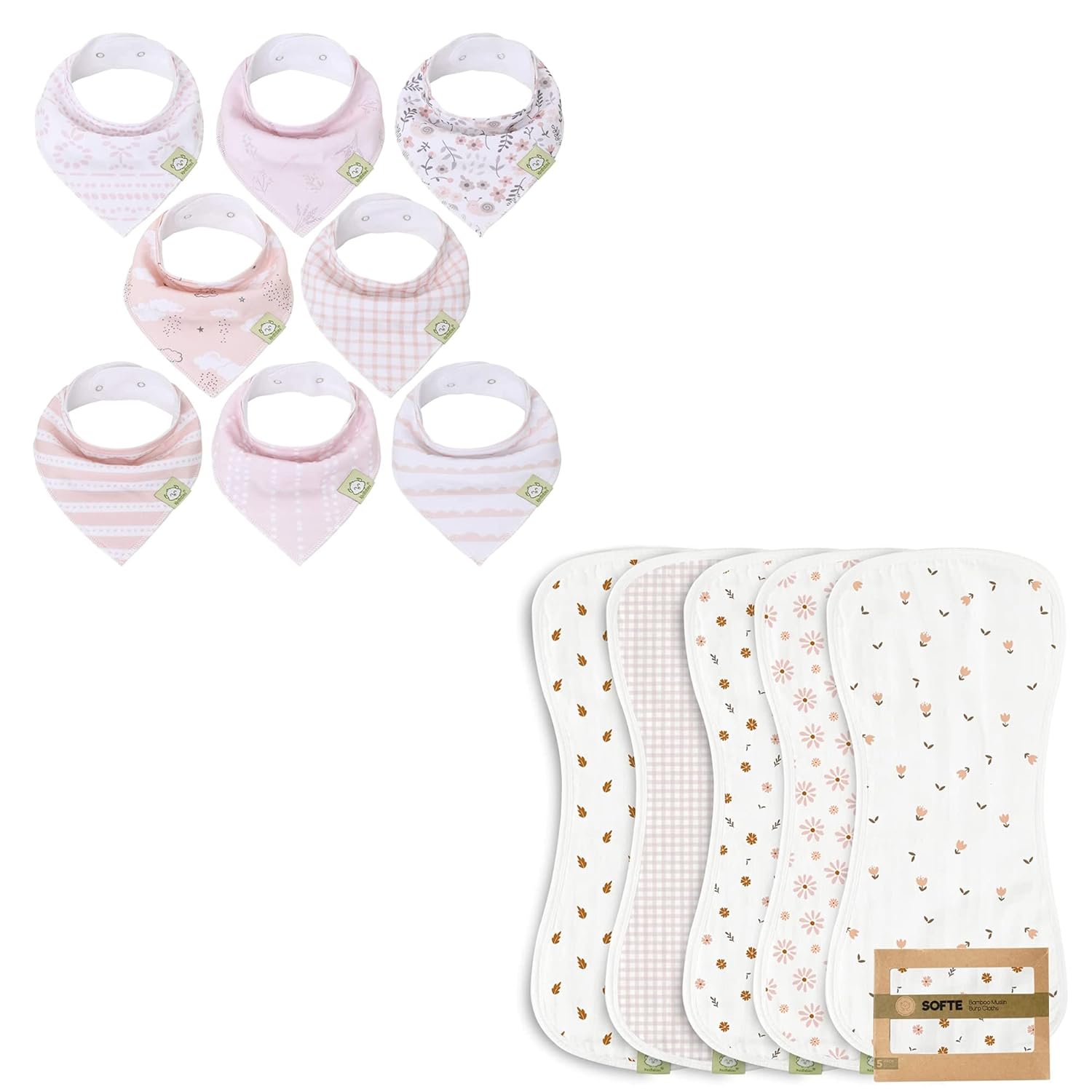 KeaBabies 8-Pack Baby Bandana Drool Bibs and 5-Pack Muslin Burp Cloths Baby Boy, Girl - Stylish Unisex Bandana Bibs, Cotton Burp Cloth