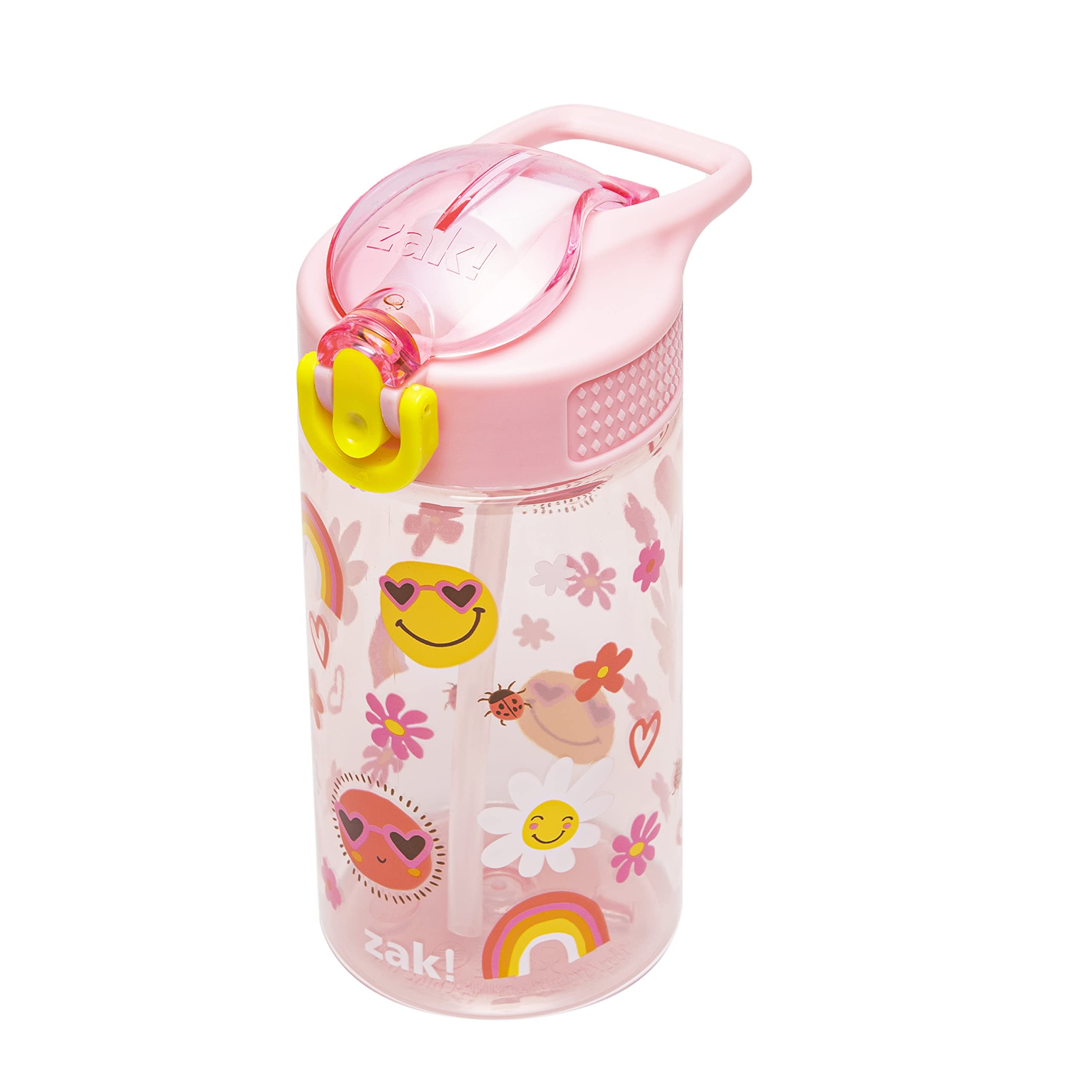 Zak Designs Botella de agua para niños para la escuela o viajes, botella de agua de plástico duradera de 16 onzas con pajilla, asa y a prueba de fugas, cubierta de boquilla desplegable (Sunny Smiles)