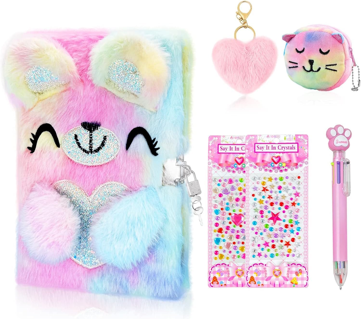 homicozy Bear Diary for Girls with lock and keys, Kids Journal School Travel Notebook Gift Set for Writing and Drawing,Plush Secret Diary with Multicolored Pen Stickers Purse Keychain