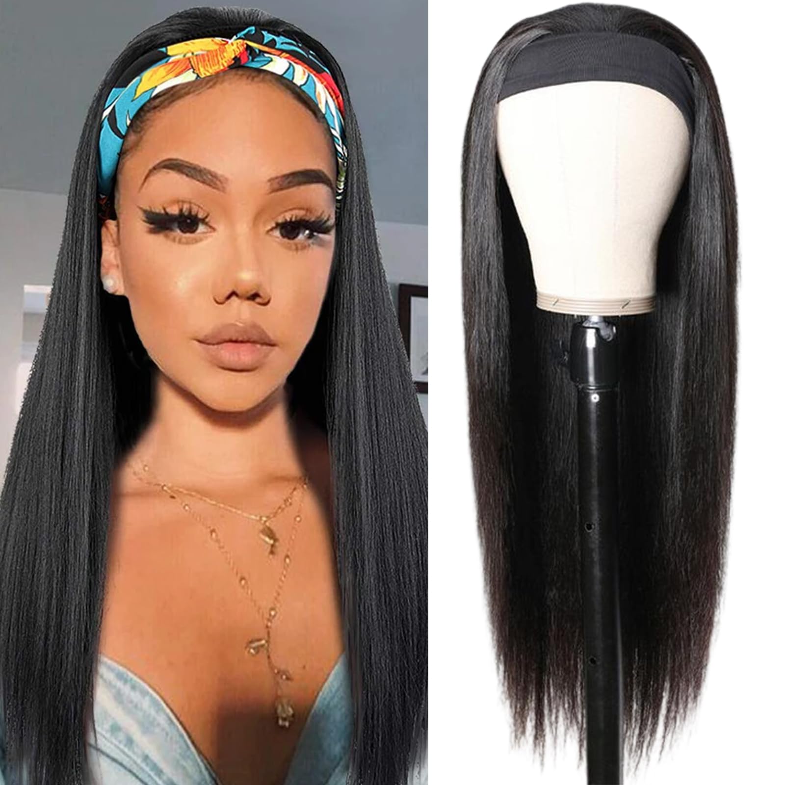 Headband Wig Straight Human Hair Wigs for Black Women Brazilian Virgin Hair Machine Made Headband Wig Glueless Human Hair Wigs 150% Density Natural