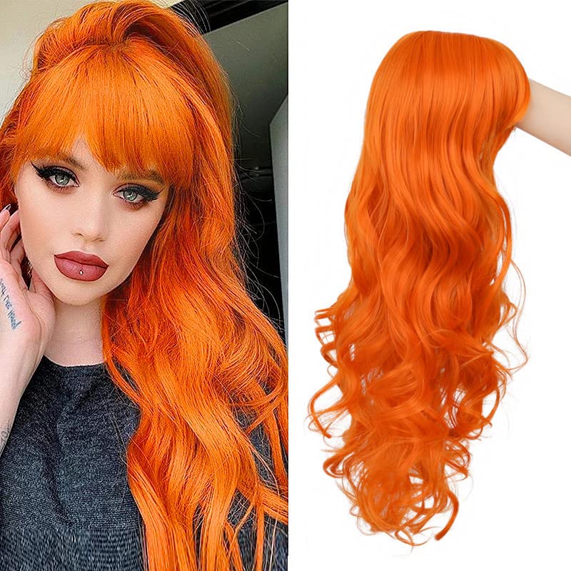 Dai Cloud Orange Wig with Bangs for Women Long Curly Wavy Heat Resistantant Silky Ginger Wigs Cosplay Halloween Daily Use (Orange)