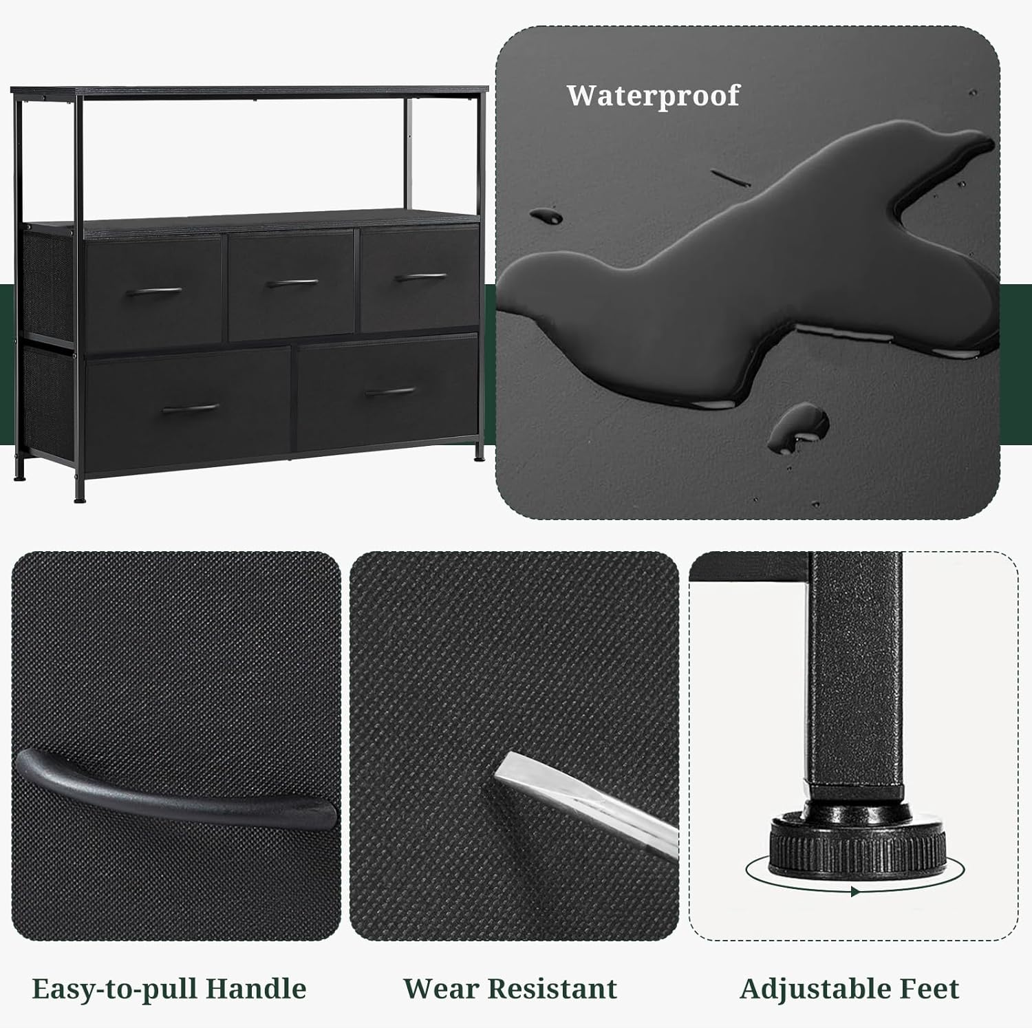 TV Stand, 5 Fabric Drawers Dresser Entertainment Center for TV up to 45 inch Wooden Media Console Table Storage Organizer with Open Shelf, for Living Room, Bedroom, or Small Space, Black