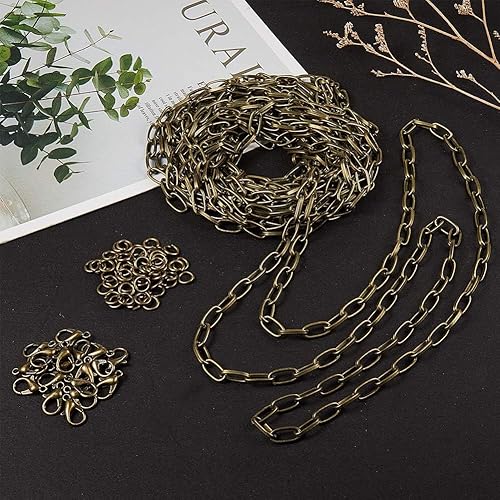 Vista 5 de SUNNYCLUE Collar de eslabones de cadena de cable de bronce antiguo de 16.4 pies/5m, cadena de clip de papel grande, 20 piezas de cierres de pinza