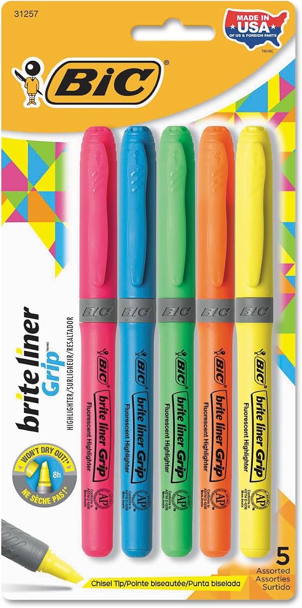 Brite Liner Grip Highlighter, Chisel Tip, Five Fluorescent Colors per Set [Set of 2]