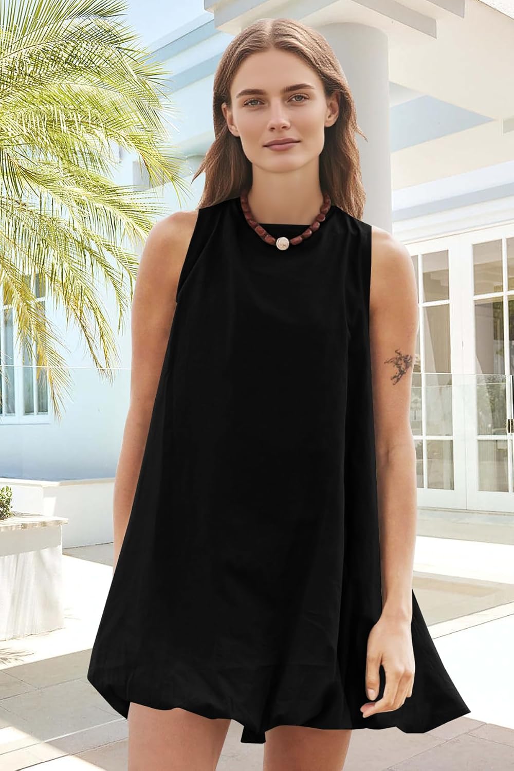 COCOMARTS Dress for Women Summer Casual Linen Mini Dresses Sleeveless Crew Neck Bubble Keyhole Tie Back Vacation Sundress Black Small - Image 2