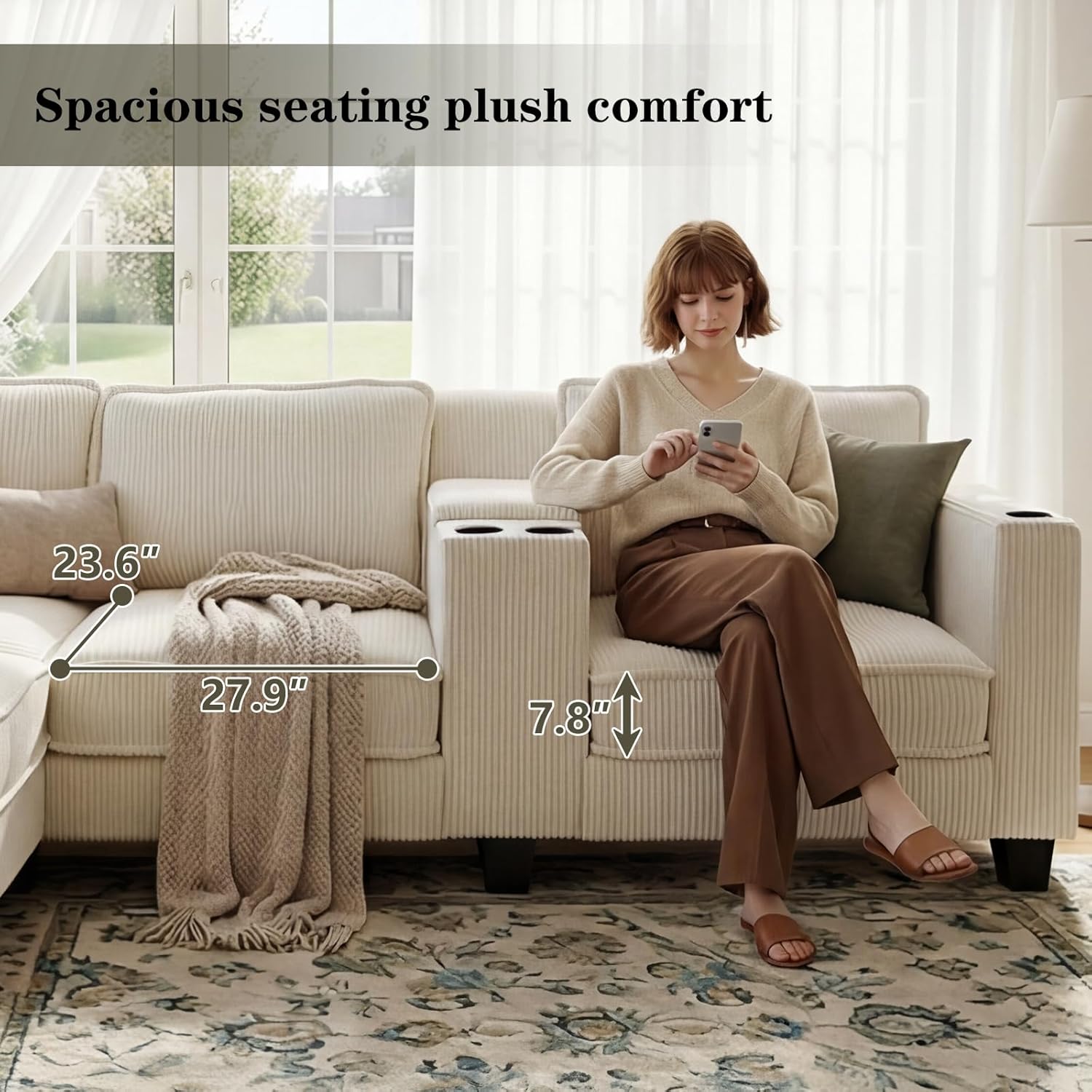 105.5" L-Shaped Corner Sectional Sofa with Multi-Functional Storage Console for Home Apartment, Comfy Corduroy Upholstered Cloud Couches W/USB-C Charger & Cupholders