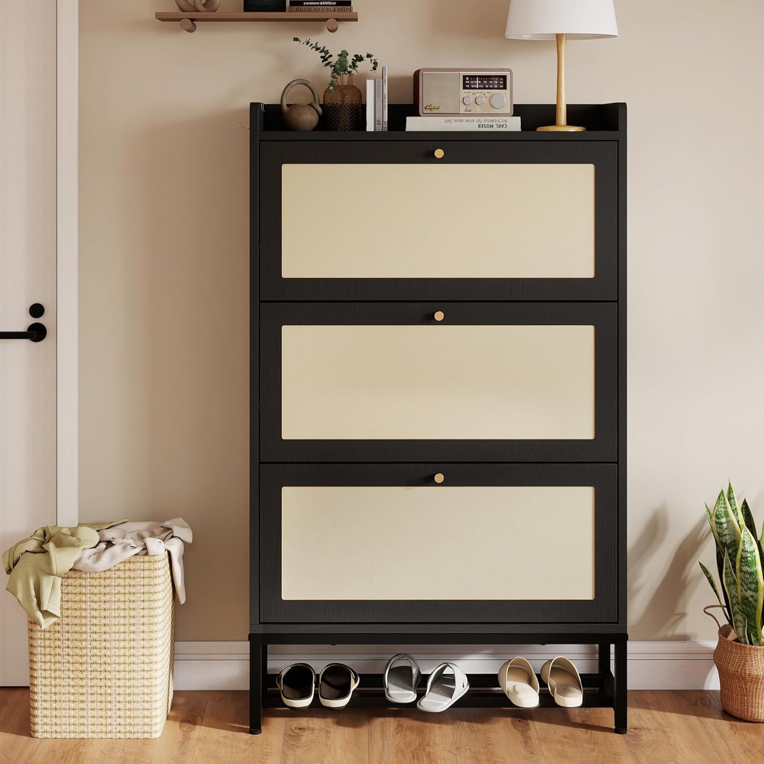Shoe Storage Cabinet, Boho Farmhouse Rattan Narrow Shoes Organizer with 3 Flip Drawers, Hidden Wood Shoe Shelf for Hallway, Living Room, Entryway, 31.5x9.25x53.22'' (Black),
