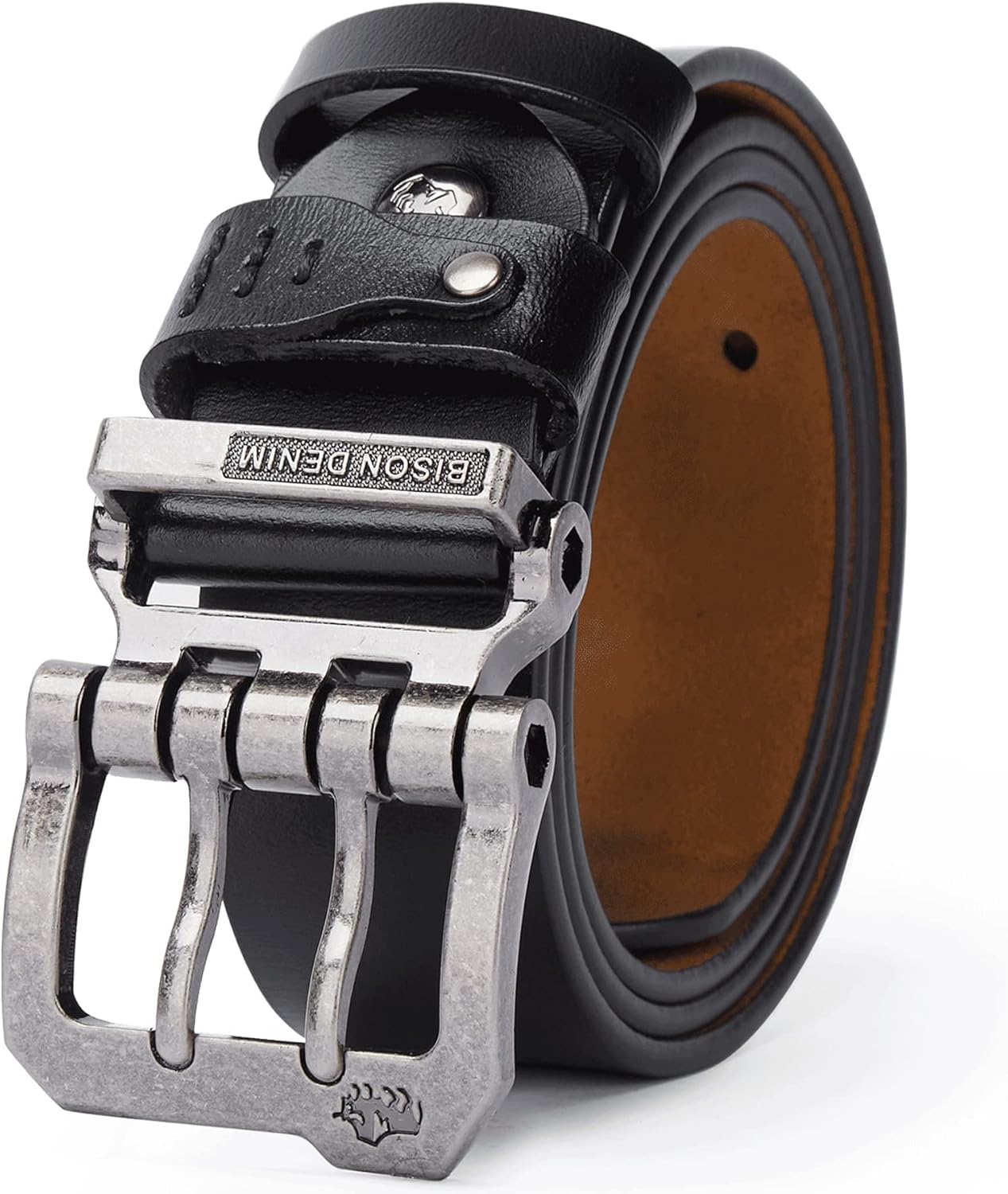 BISON DENIM Men's Belts Leather Dress Genuine Leather Classic Heavy Duty Buckle Belt Casual for Jeans 36‘-39“ W-silver Buckle+black Belt