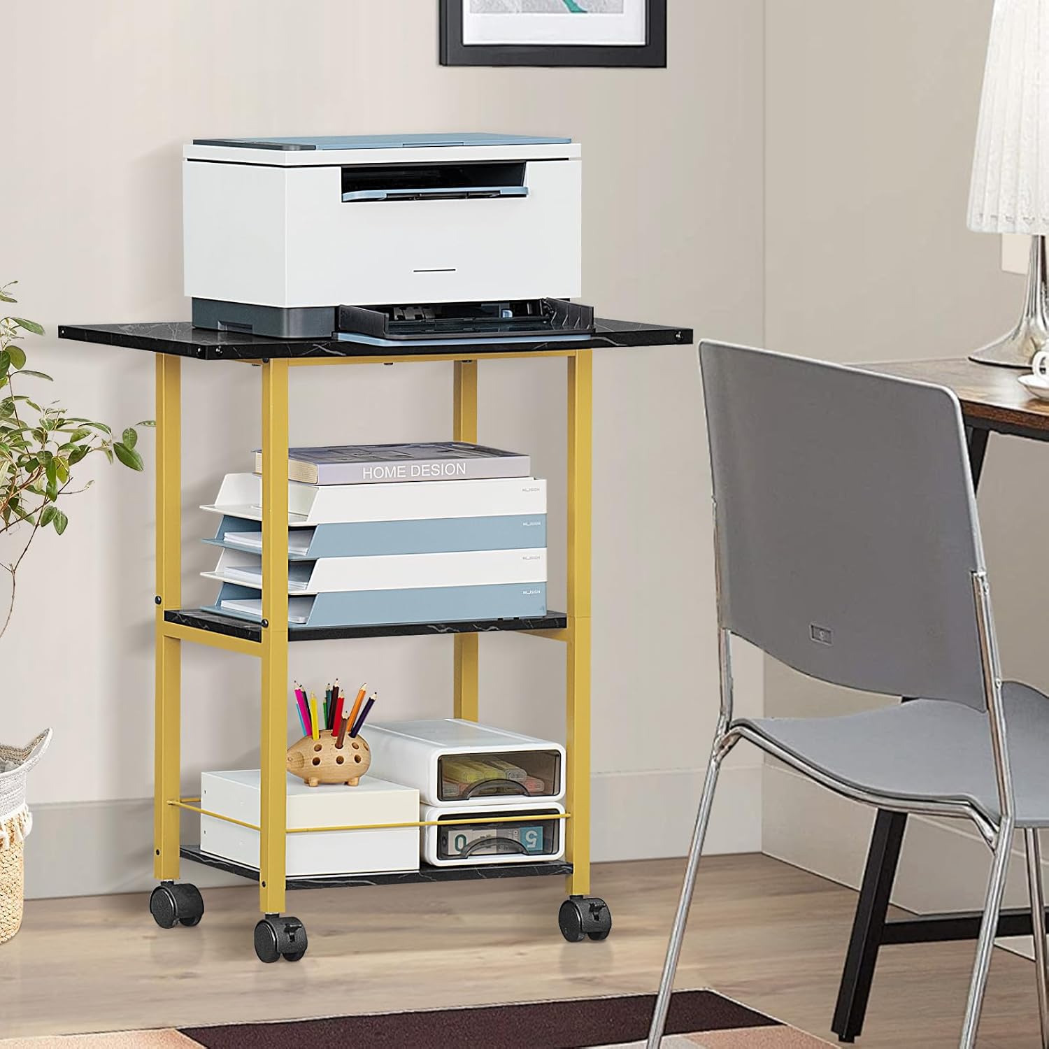 Lerliuo 3-Tier Printer Stand, Industrial Mobile Printer Table with Storage Shelf and Steel Frame, Rolling Printer Cart Holder with Lockable Wheels for Home, Office (Black)