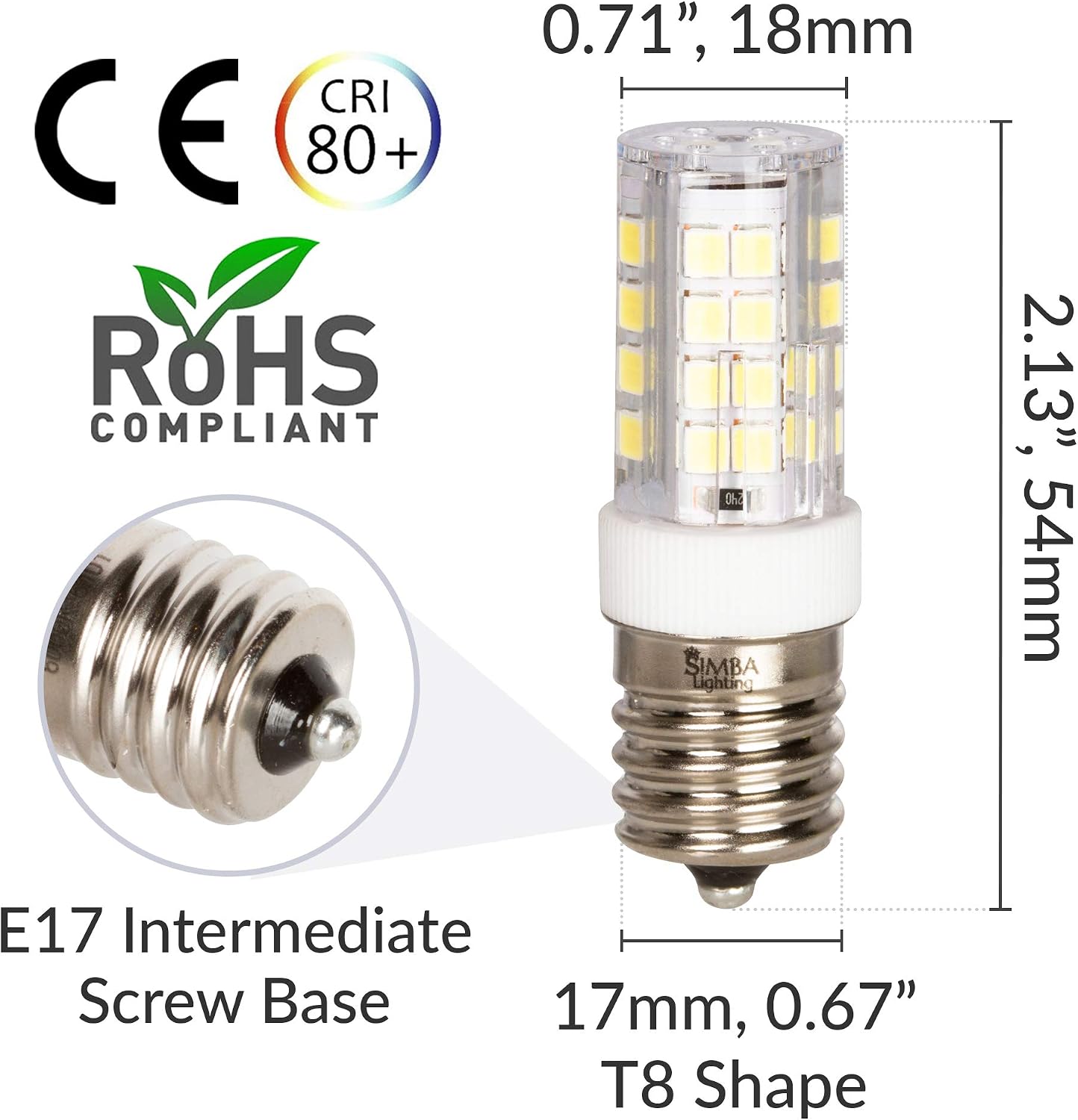 Simba Lighting LED E17 Microwave Appliance Light Bulb (2 Pack) 4W T8 40W Incandescent Replacement for Under Hood, Stove Top, Range, 120V, Intermediate Screw Base, Non-Dimmable, 6000K Daylight