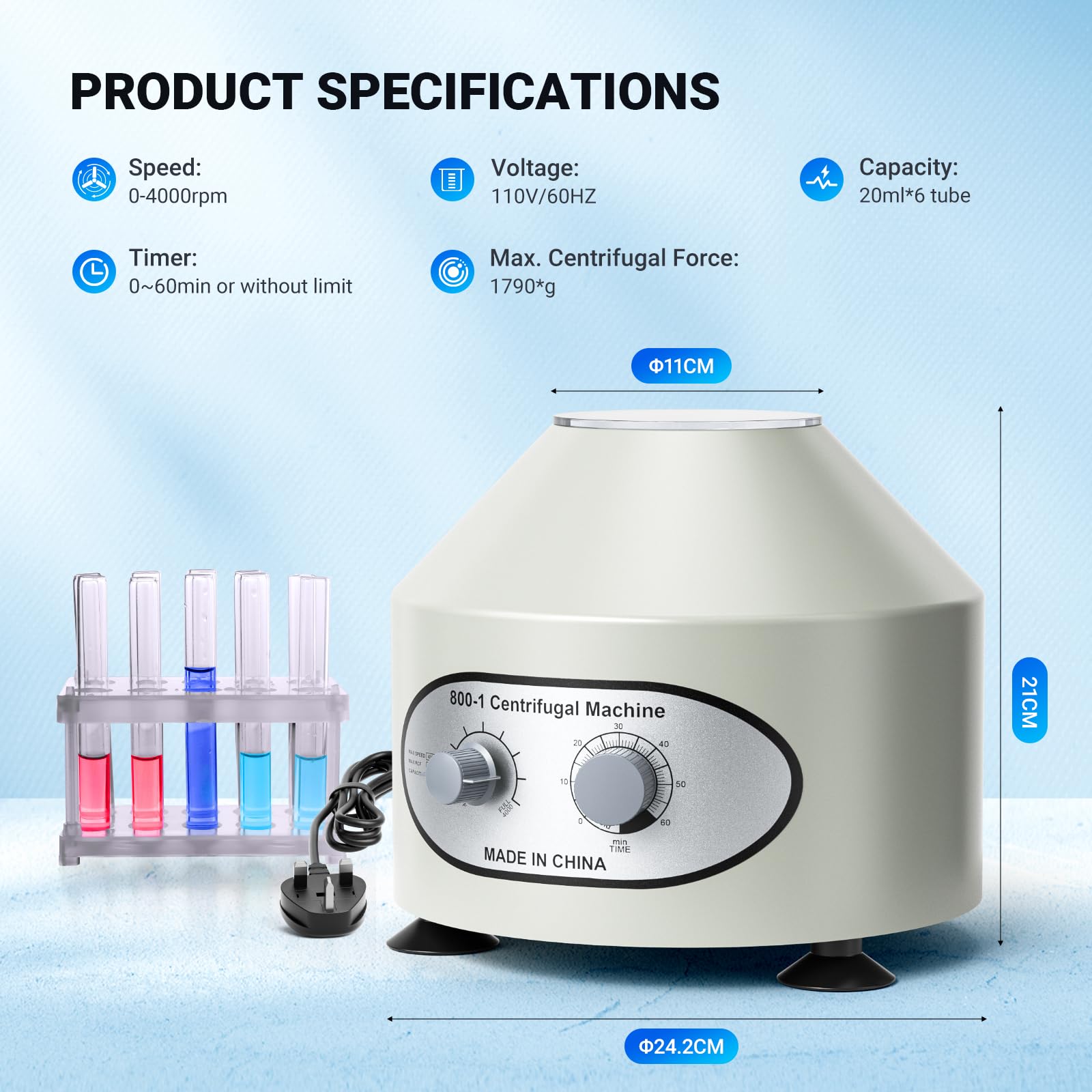 Centrífuga de Laboratorio 4000RPM – Máquina con 6 * 20 ml, Dos Perillas para Velocidad y Temporizador, Base Antideslizante – Para uso Médico, Clínico, de Investigación, Industrial y Educativo | Temporizador 0-60 min, 6 Tubos de 20ml, Velocidad 4000rpm, Us