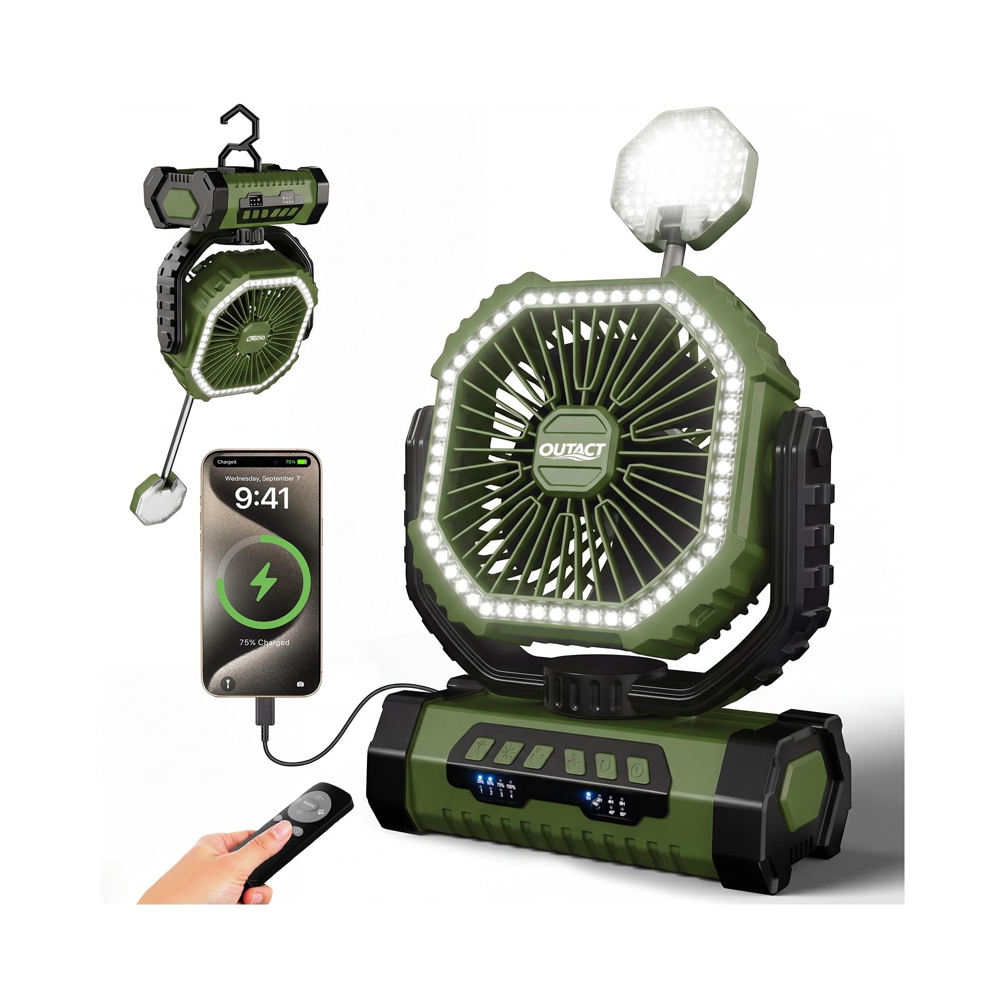 Camping Ventilator 20000mAh, Wiederaufladbarer Tischventilator USB Ventilator mit LED Licht & Haken, 270° Drehung mit Fernbedienung, Camping Fan für Indoor, Outdoor, Zelt, Grillen, Strand - Grün